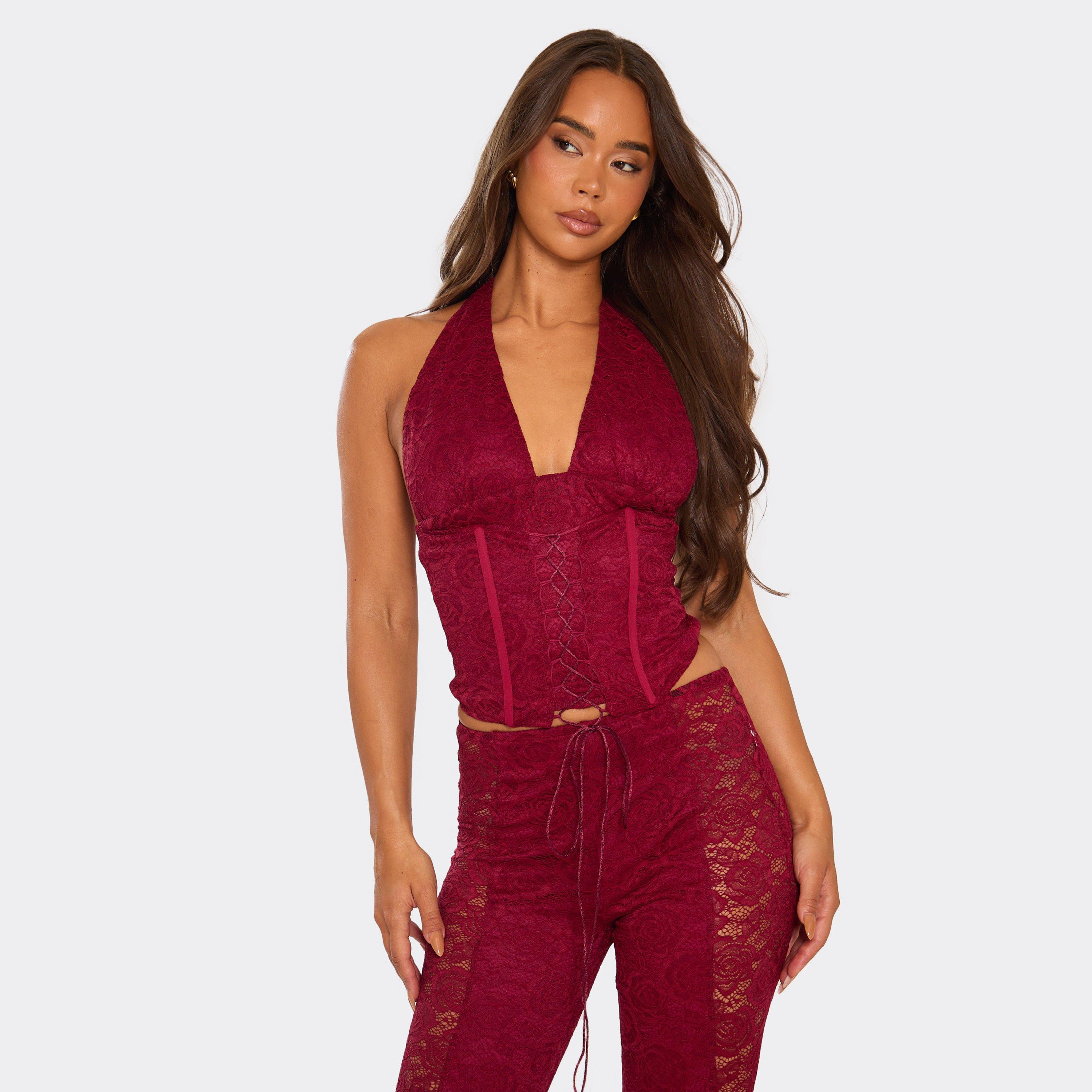 Halterneck Lace Up Corset Top In Burgundy Lace, Women's Size UK 8