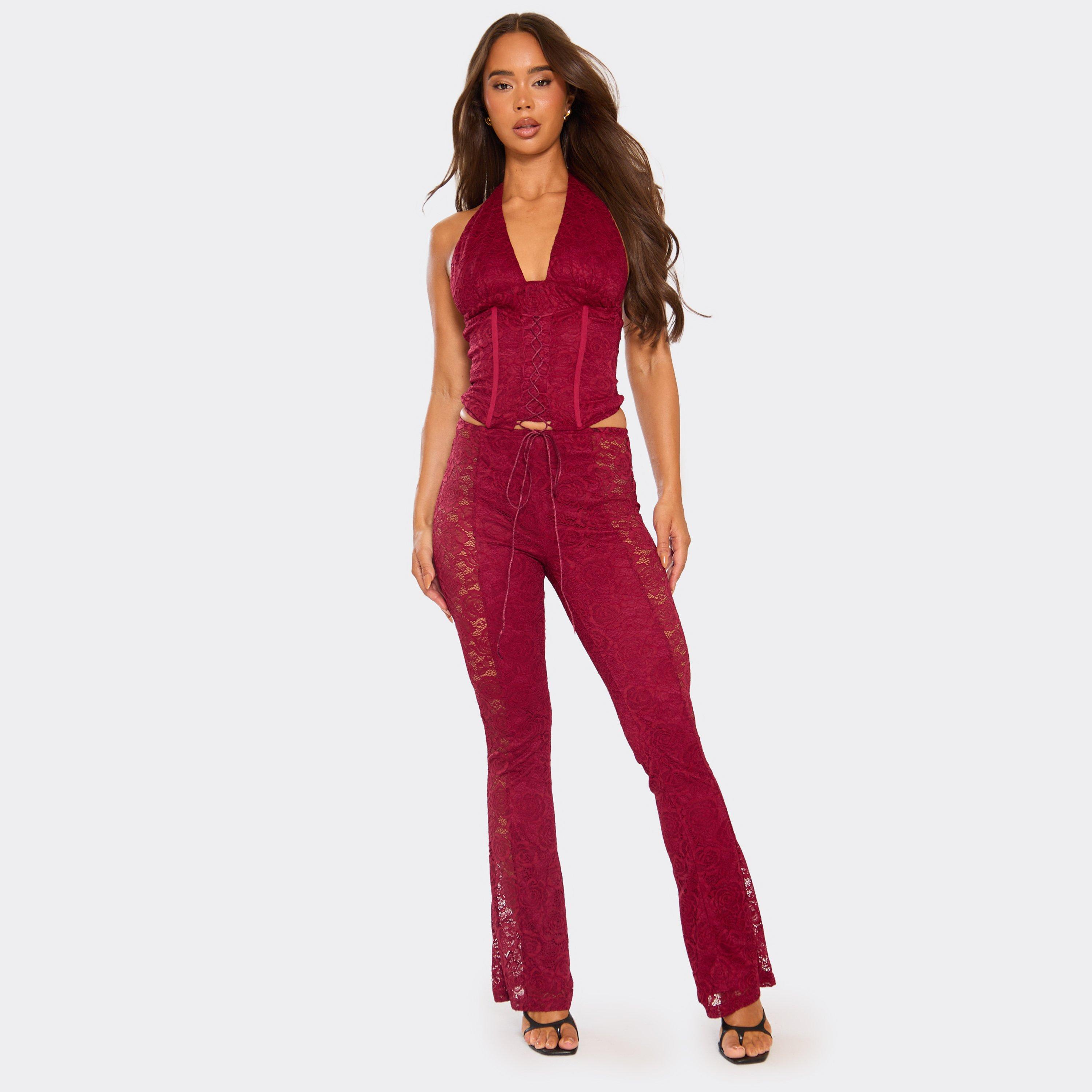 Image of Mid Rise Panelled Flared Trousers In Burgundy Lace, Women's