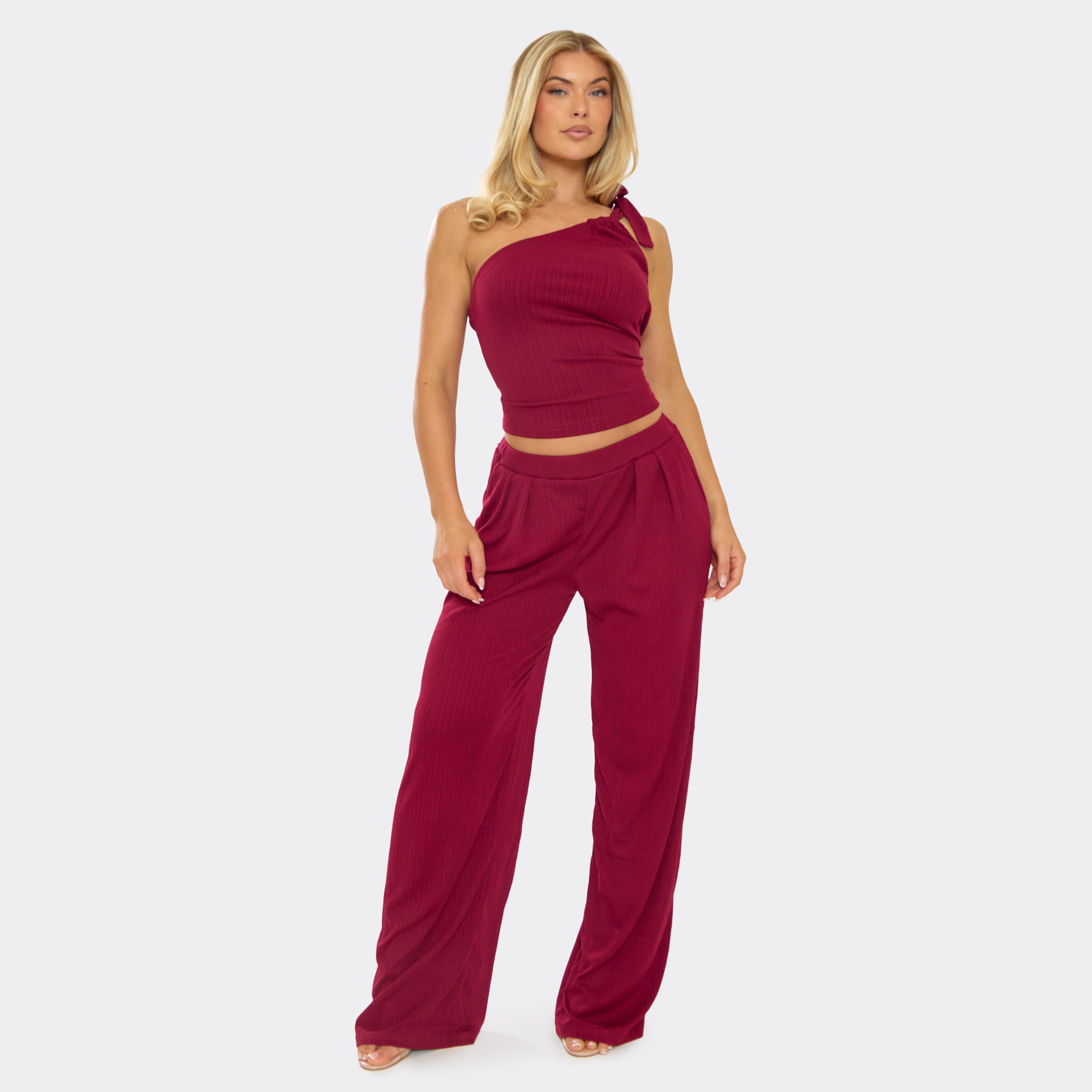 One Shoulder Tie Detail Top And Wide Leg Trousers Co-Ord Set In Burgundy Rib, Women’s