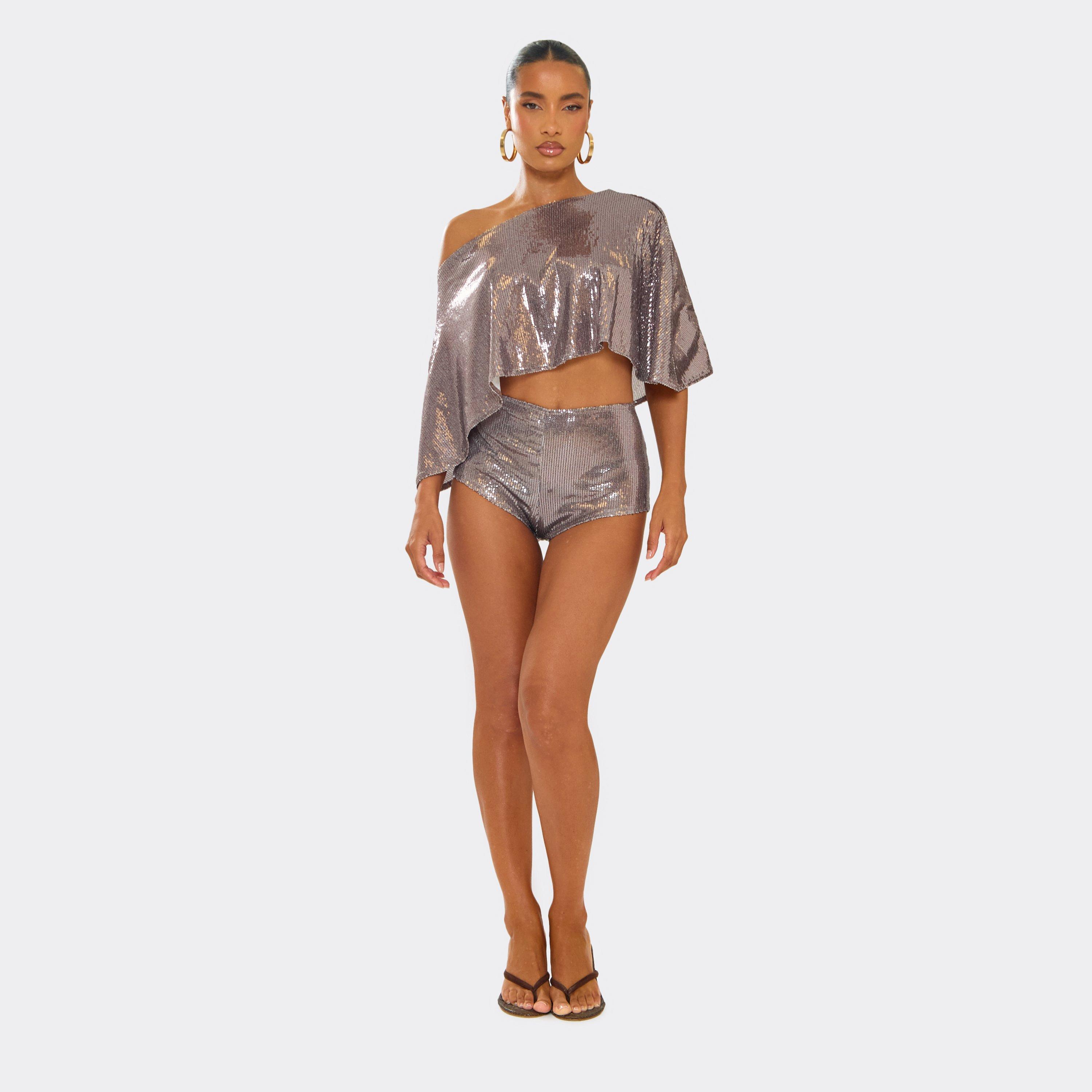 High Rise Hot Pants In Brown Metallic Sequin, Women’s