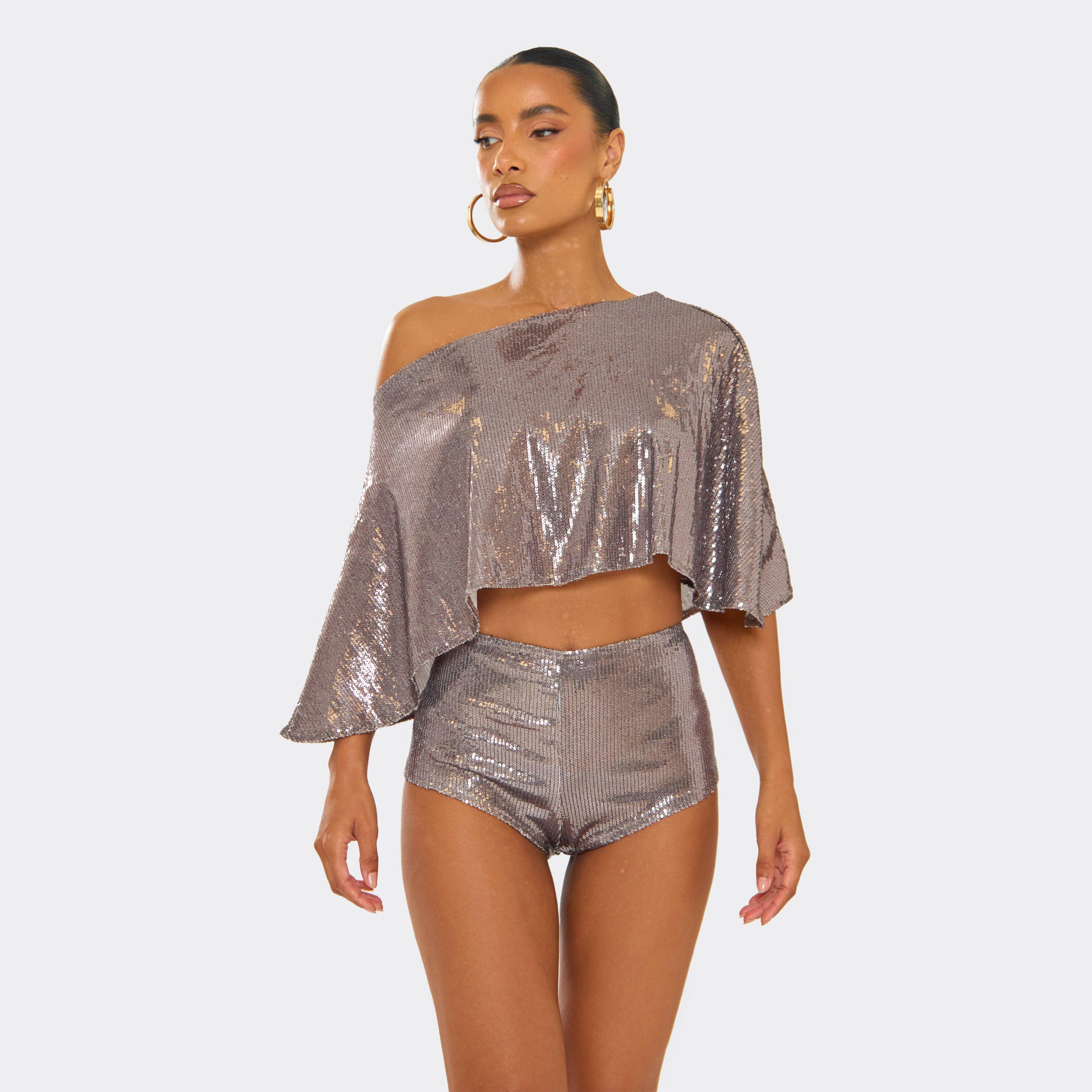 Image of Asymmetric Off The Shoulder Cape Top In Brown Metallic Sequin, Women's