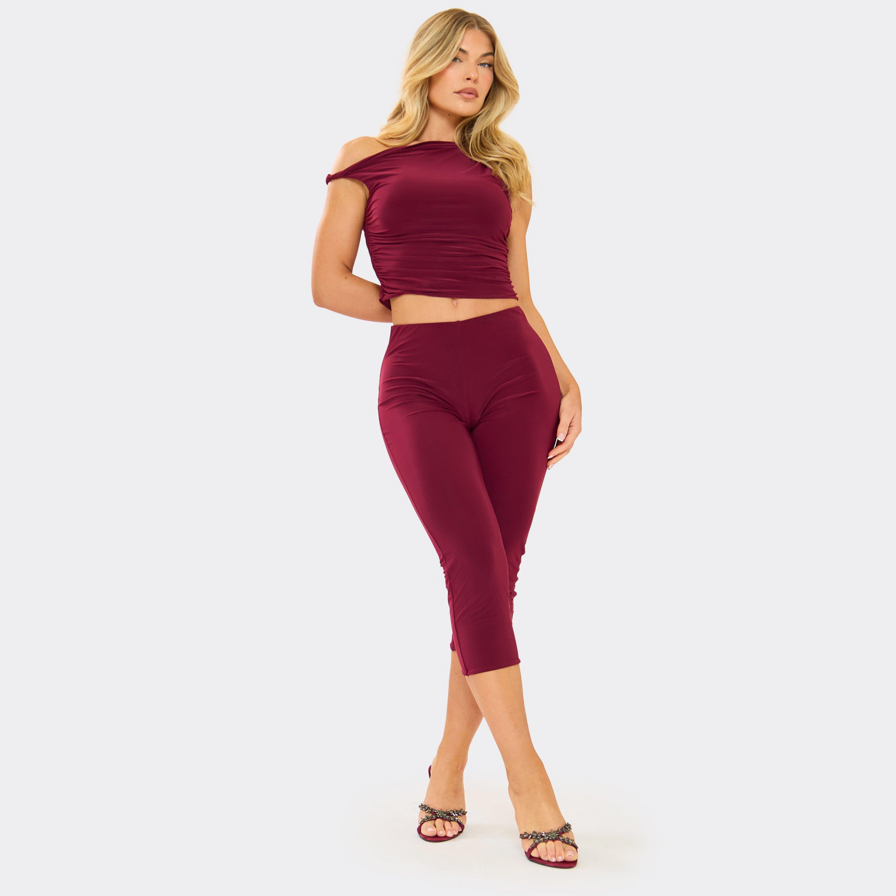 Mid Rise Capri Leggings In Burgundy Slinky, Women's Size UK 8