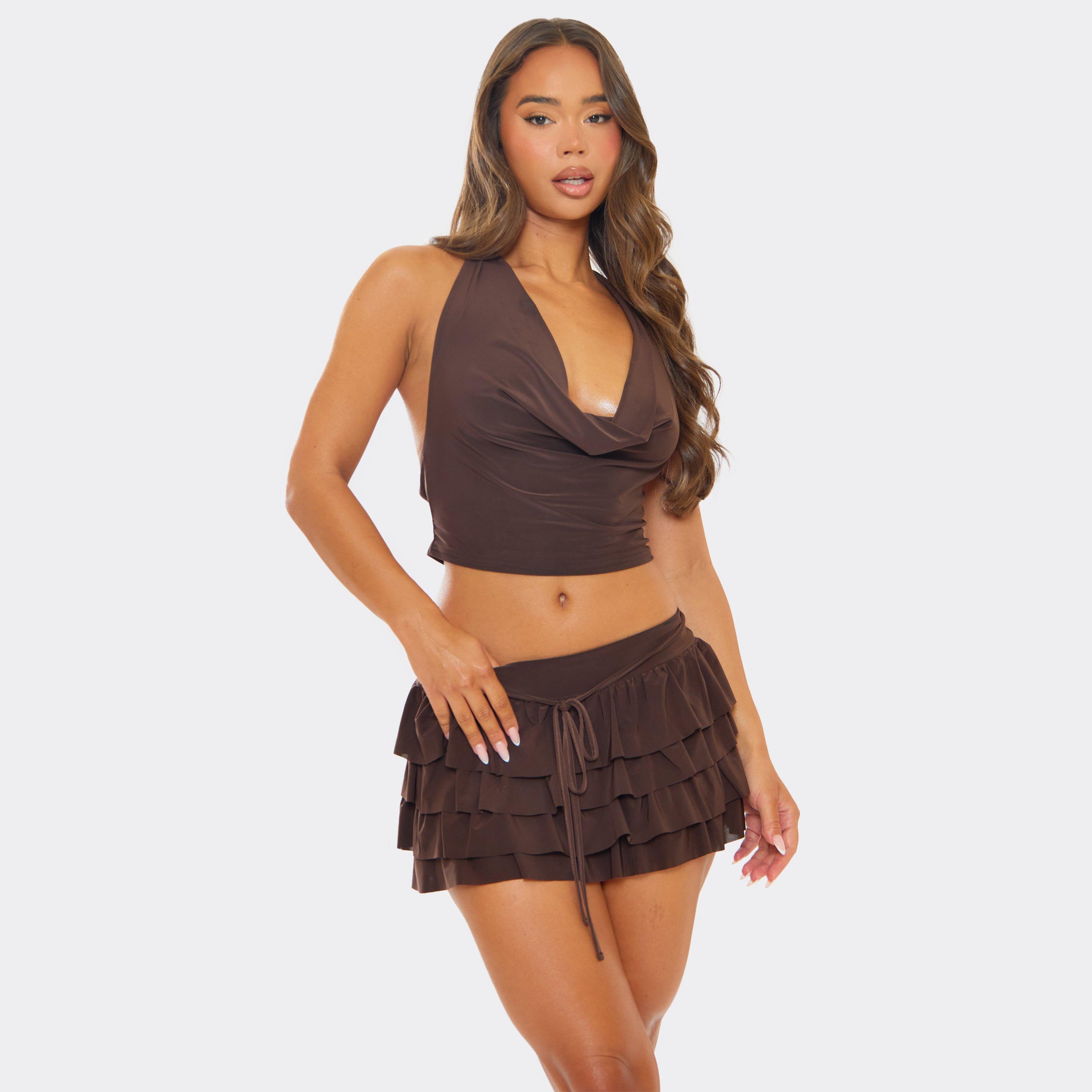 Image of Cowl Halterneck Crop Top In Brown Slinky, Women's