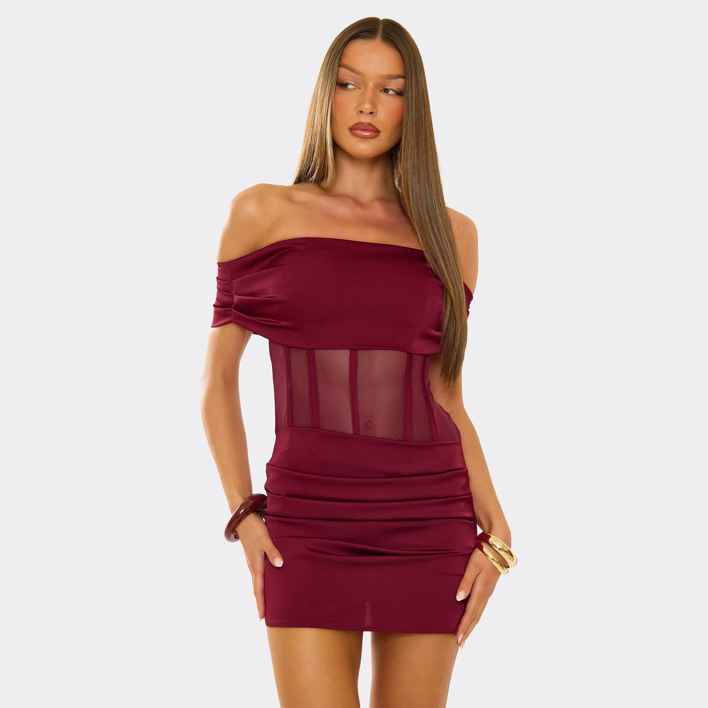 Bardot Ruched Boning Detail Mini Dress In Burgundy, Women’s