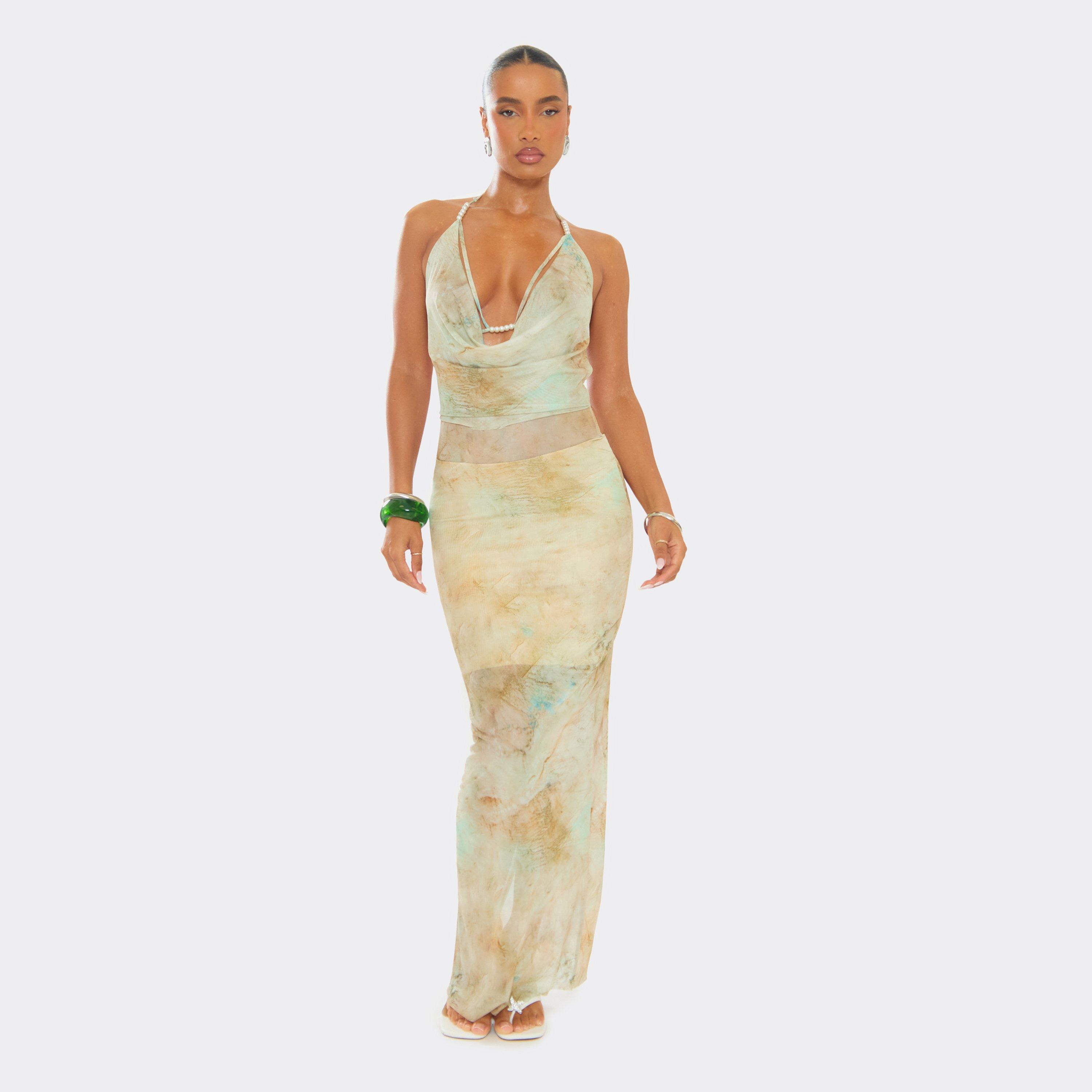 Cowl Neck Bead Trim Detail Maxi Dress In Multi Printed Mesh, Women's Size UK L