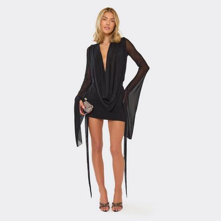 Exaggerated Sleeve Cowl Neck Open Tie Back Detail Mini Dress In Black, Women's Size US