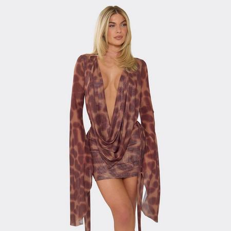 Exaggerated Sleeve Cowl Neck Open Tie Back Detail Mini Dress In Brown Animal Print, Women's Size US