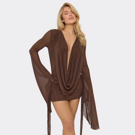 Exaggerated Sleeve Cowl Neck Open Tie Back Detail Mini Dress In Chocolate Brown, Women's Size US