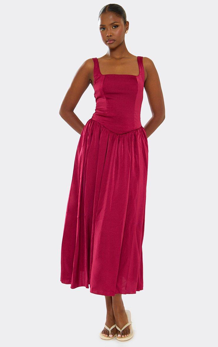 midi burgundy dress Gathered Pleated Waist shopaleena or any special occasion where elegance meets edge Burgundy Dantelle Midi Dress Teuta