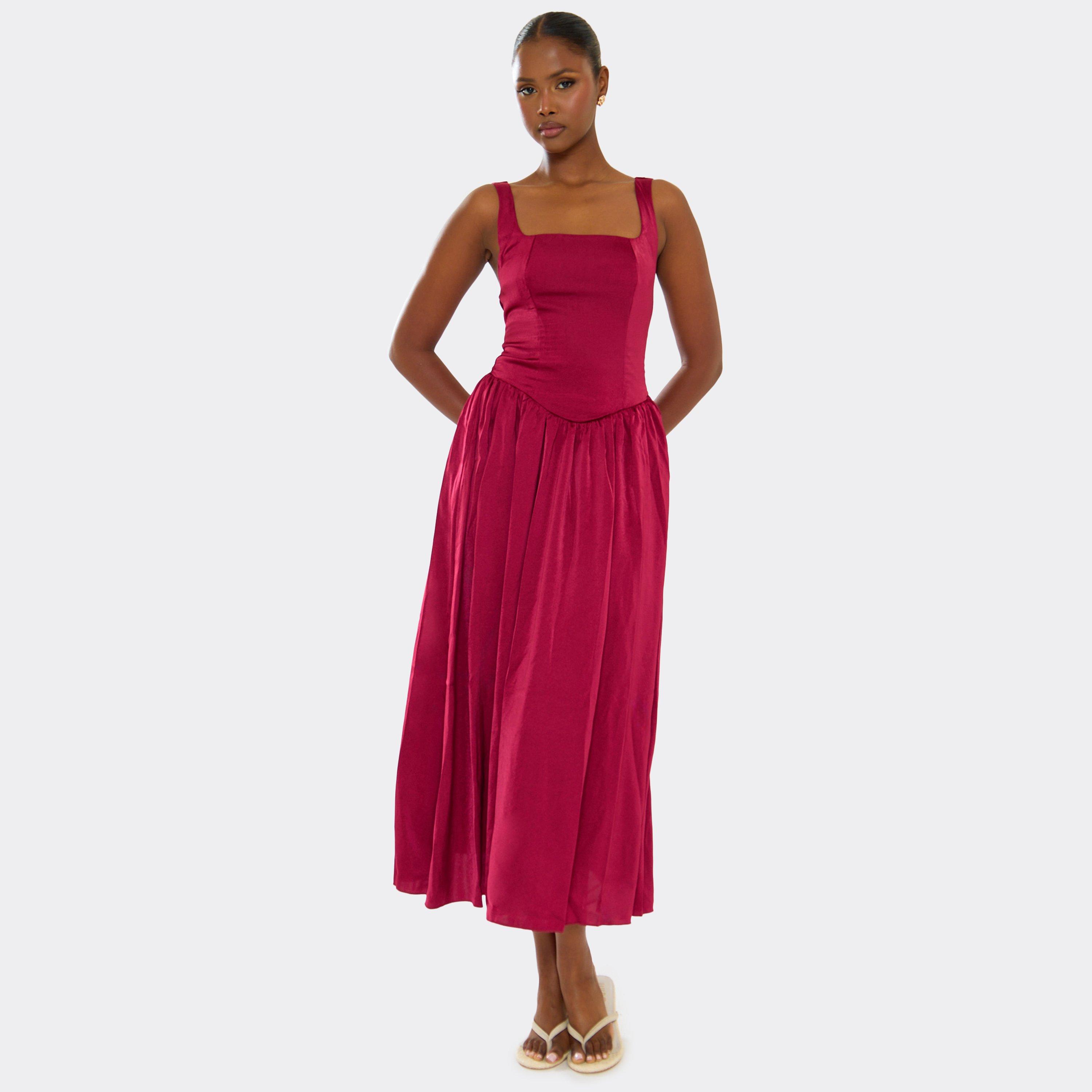 Square Neck Dropped Hem Pleated Midi Dress In Burgundy, Women’s