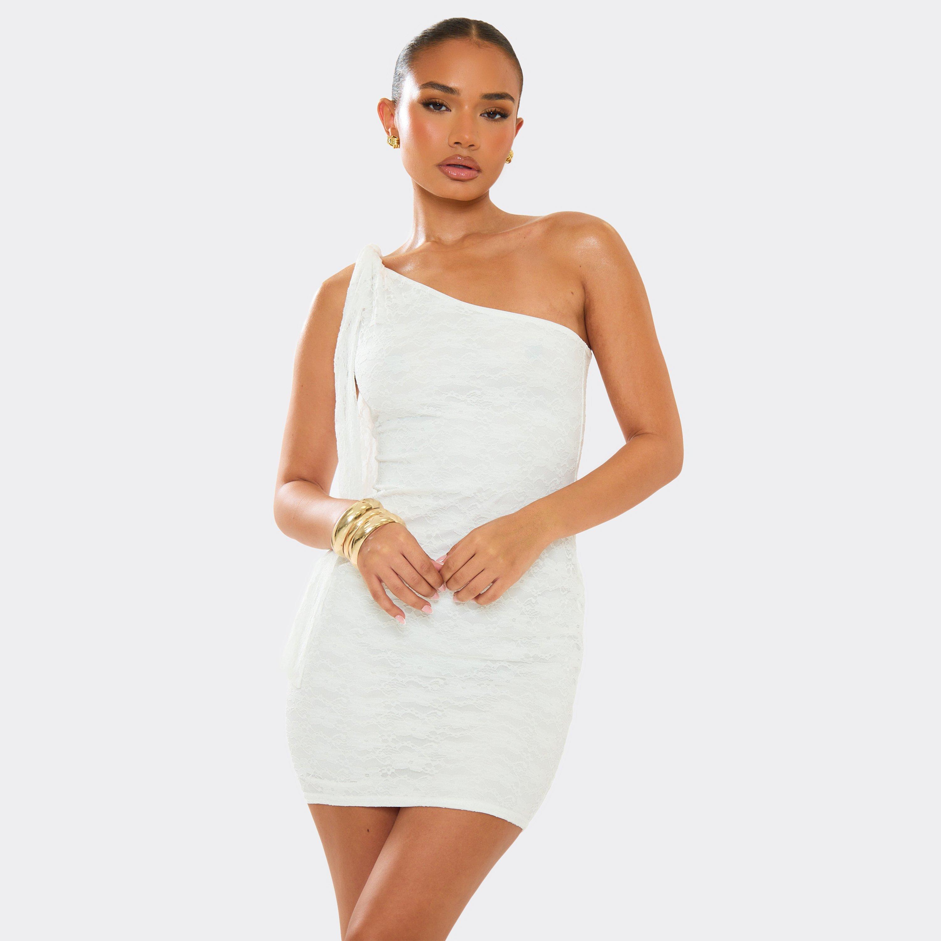 One Shoulder Drape Detail Mini Dress In White Lace, Women's Size UK 10