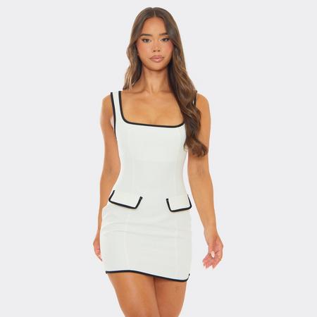 Square Neck Contrast Piping Pocket Detail Mini Dress In White, Women's Size US