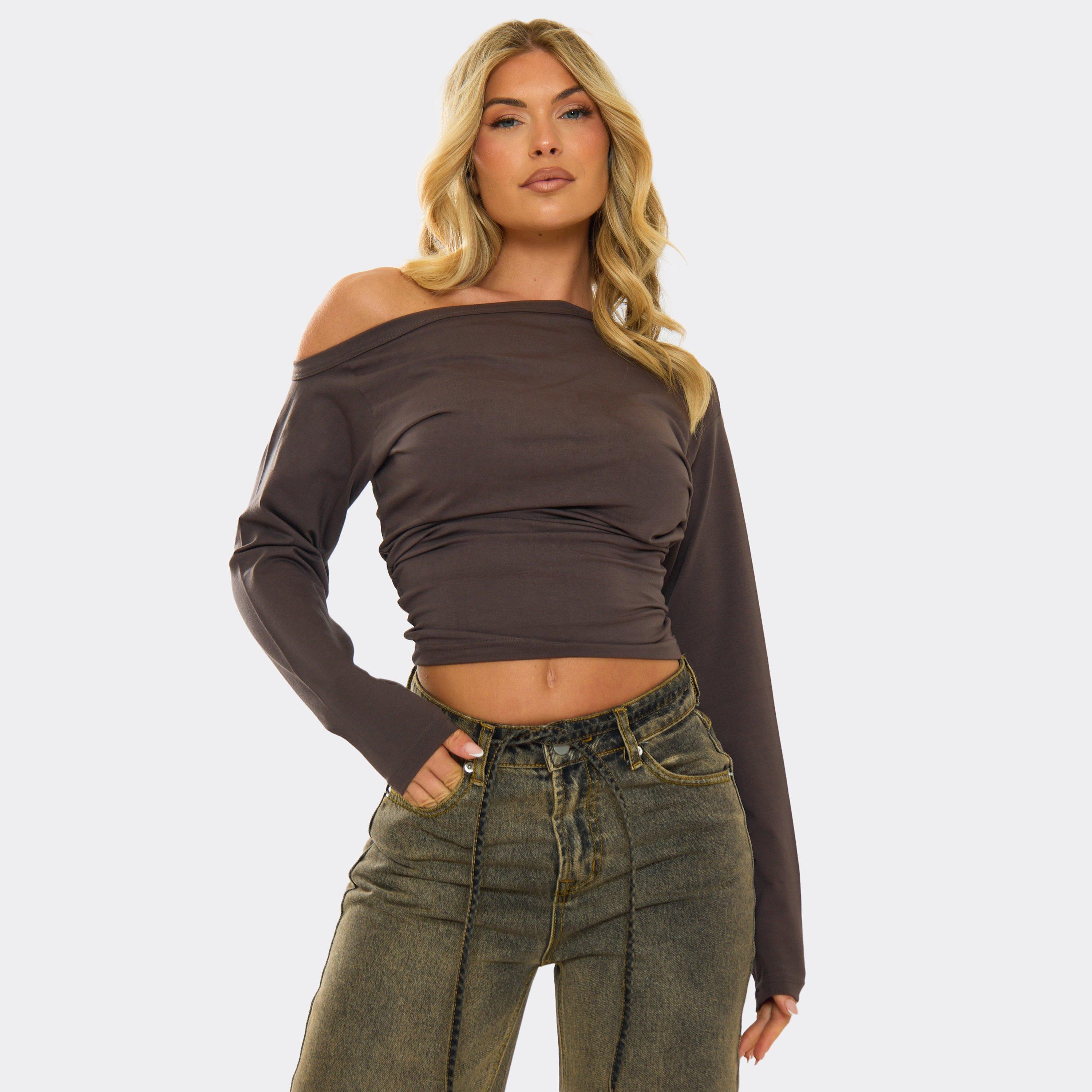 Image of Slash Neck Long Sleeve Cinched Waist Detail T-Shirt In Brown, Women's