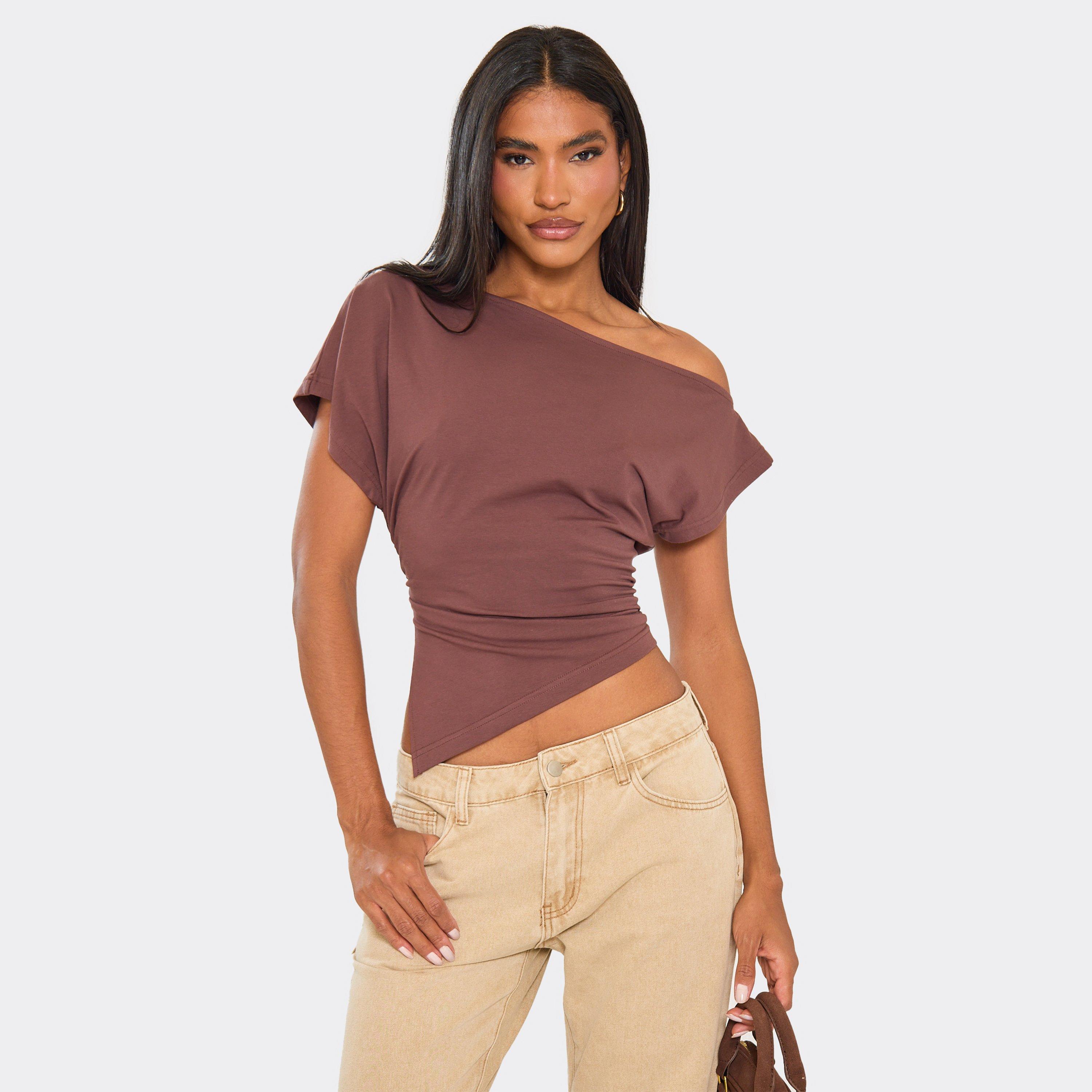 Slash Neck Asymmetric Dipped Hem T-Shirt In Chocolate Brown, Women's Size UK 8