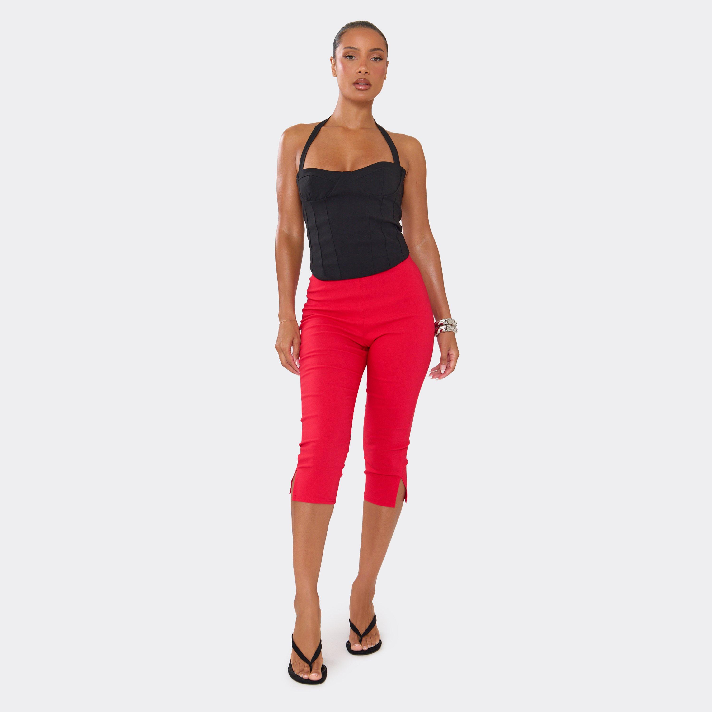 Low Rise Split Hem Capri Trousers In Red, Women's Size UK 6