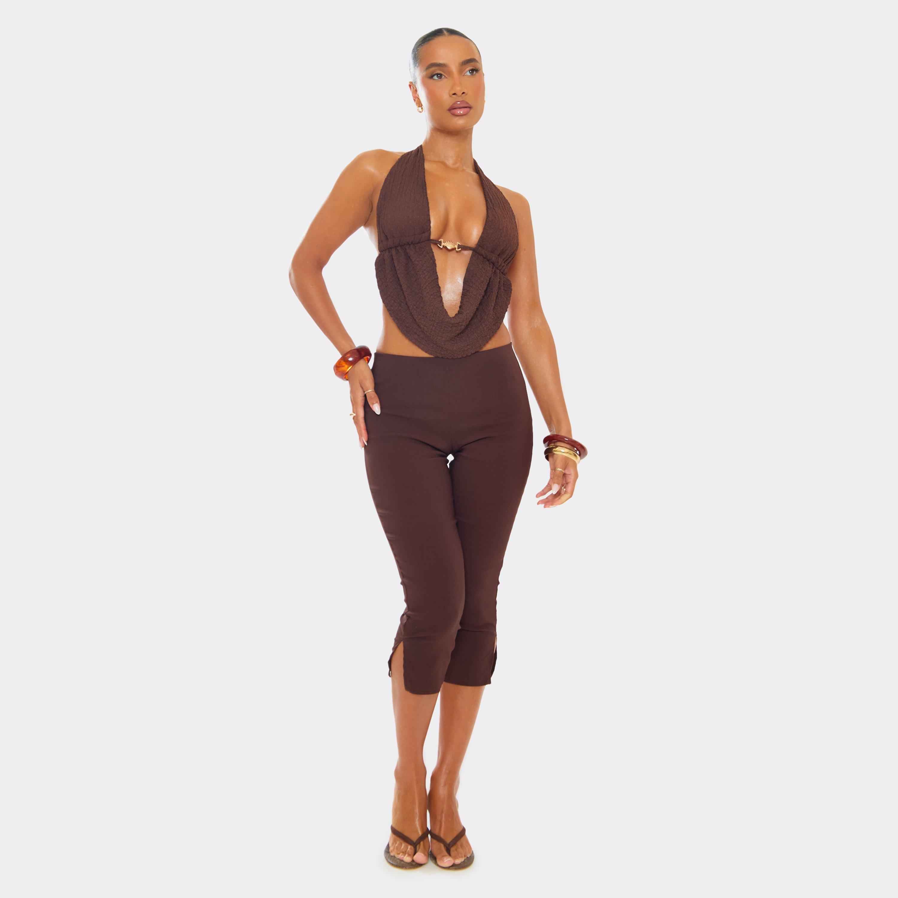 Image of Low Rise Split Hem Capri Trousers In Brown, Women's
