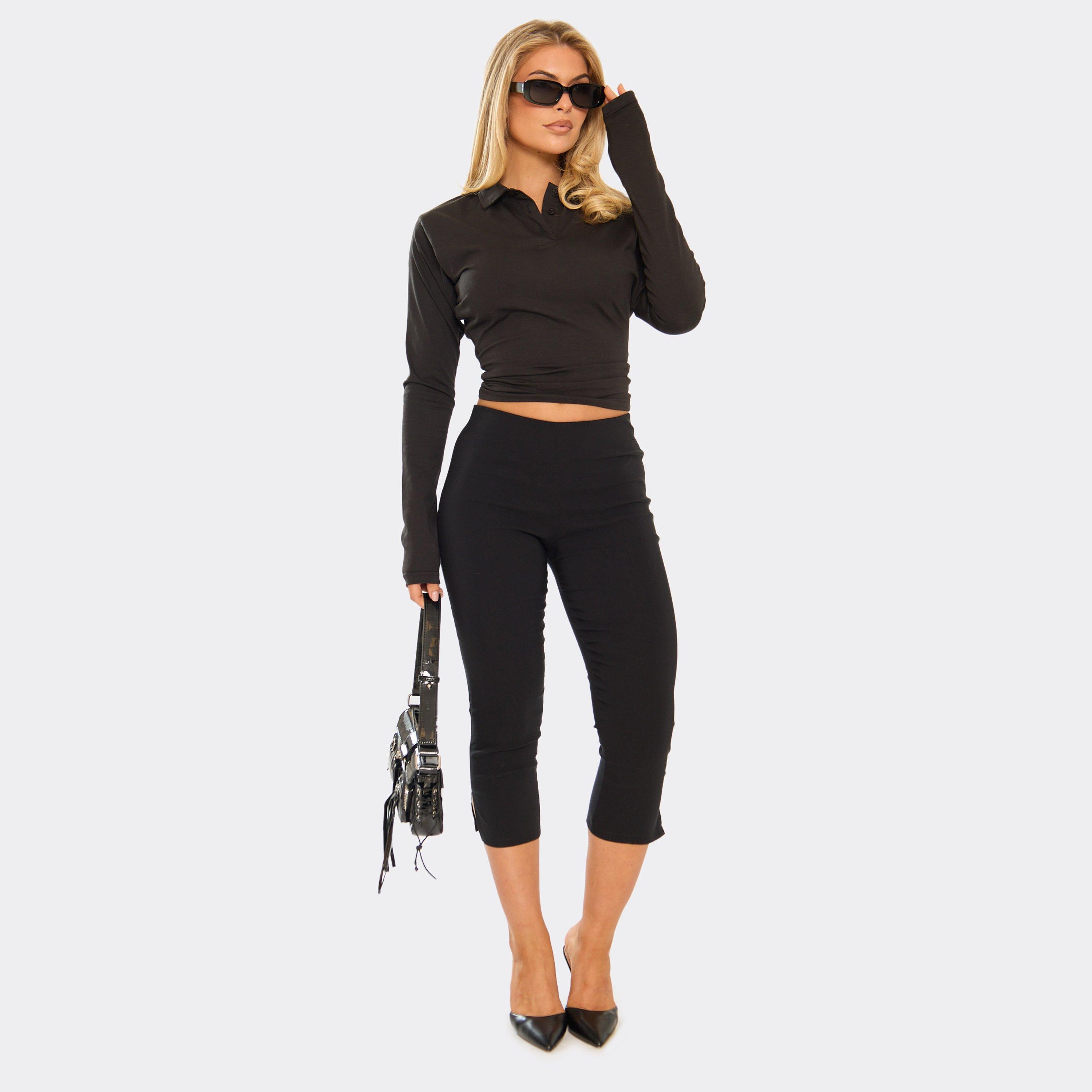 Image of Low Rise Split Hem Capri Trousers In Black, Women's