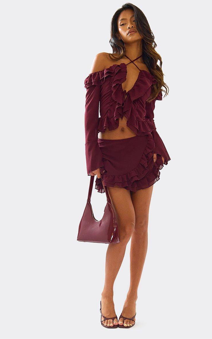 Long Sleeve Halterneck Frill Top And Mini Skirt Co-Ord Set In Plum