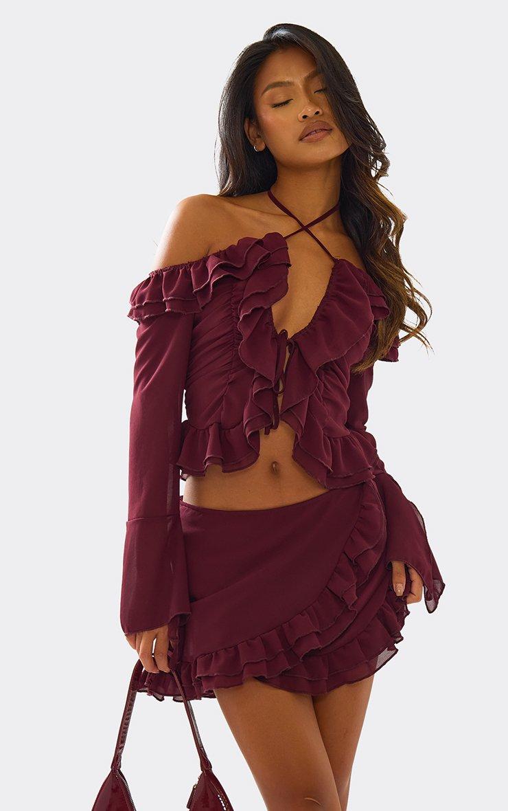Long Sleeve Halterneck Frill Top And Mini Skirt Co-Ord Set In Plum