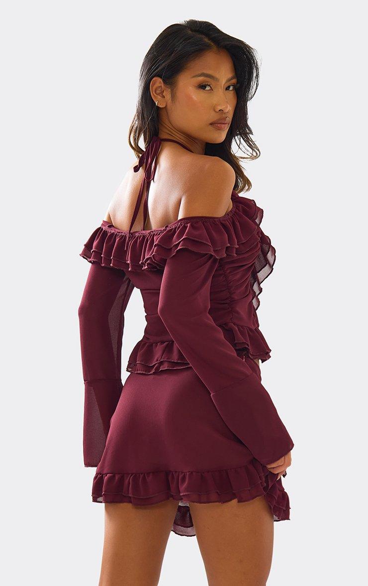 Long Sleeve Halterneck Frill Top And Mini Skirt Co-Ord Set In Plum