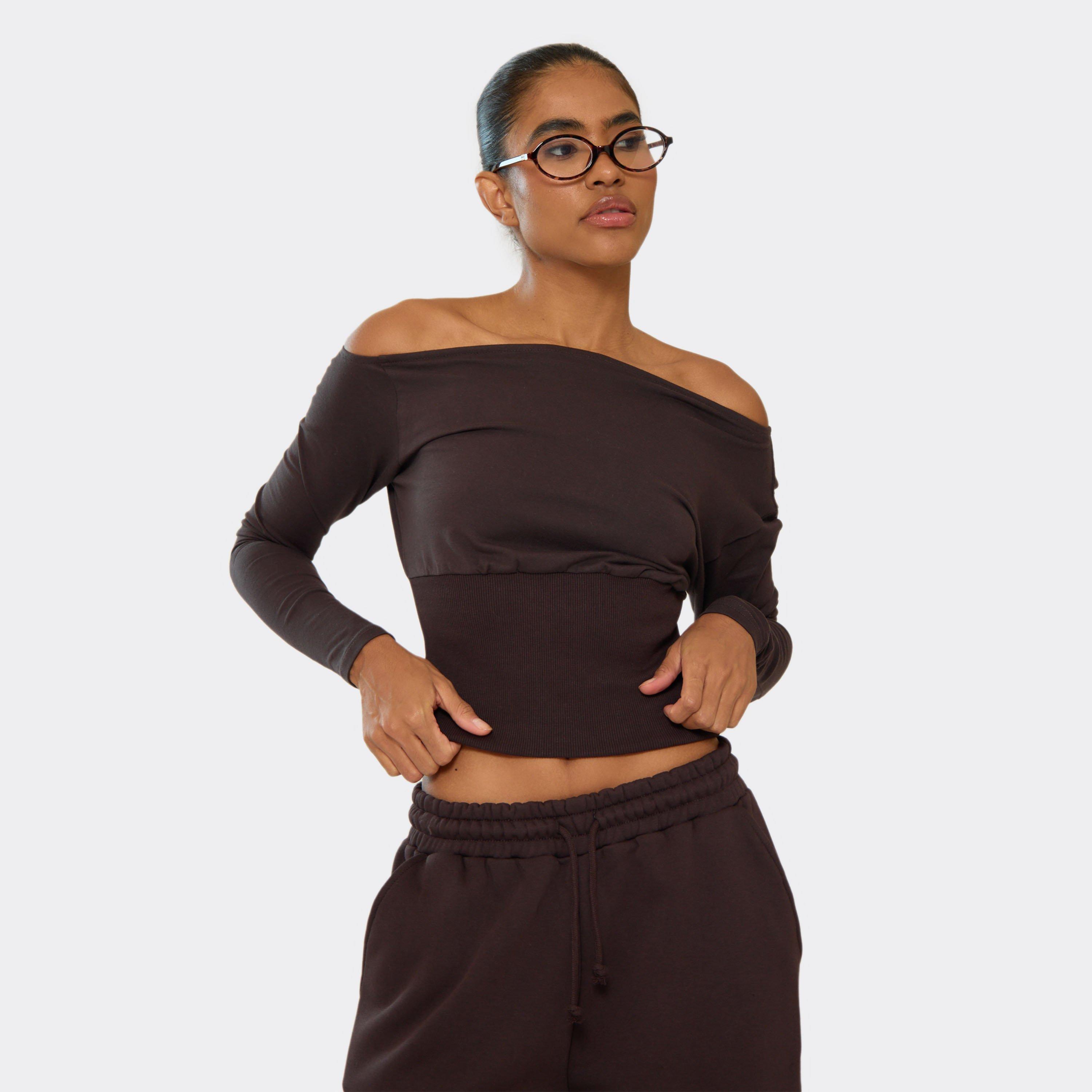 Image of Long Sleeve Bardot Cinched Waist Top In Chocolate Brown, Women's