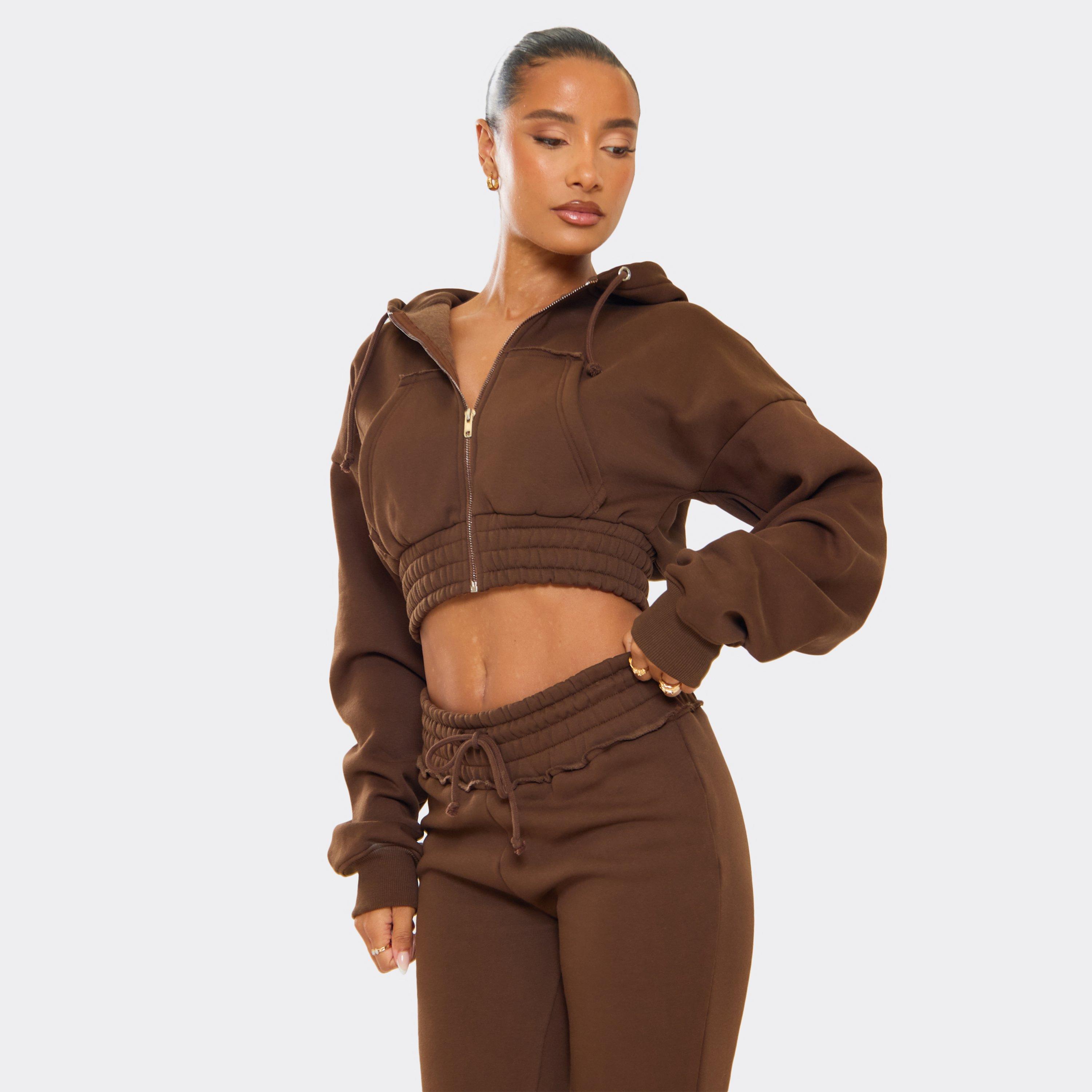 Long Sleeve Distressed Detail Cropped Zip Up Hoodie In Chocolate, Women’s