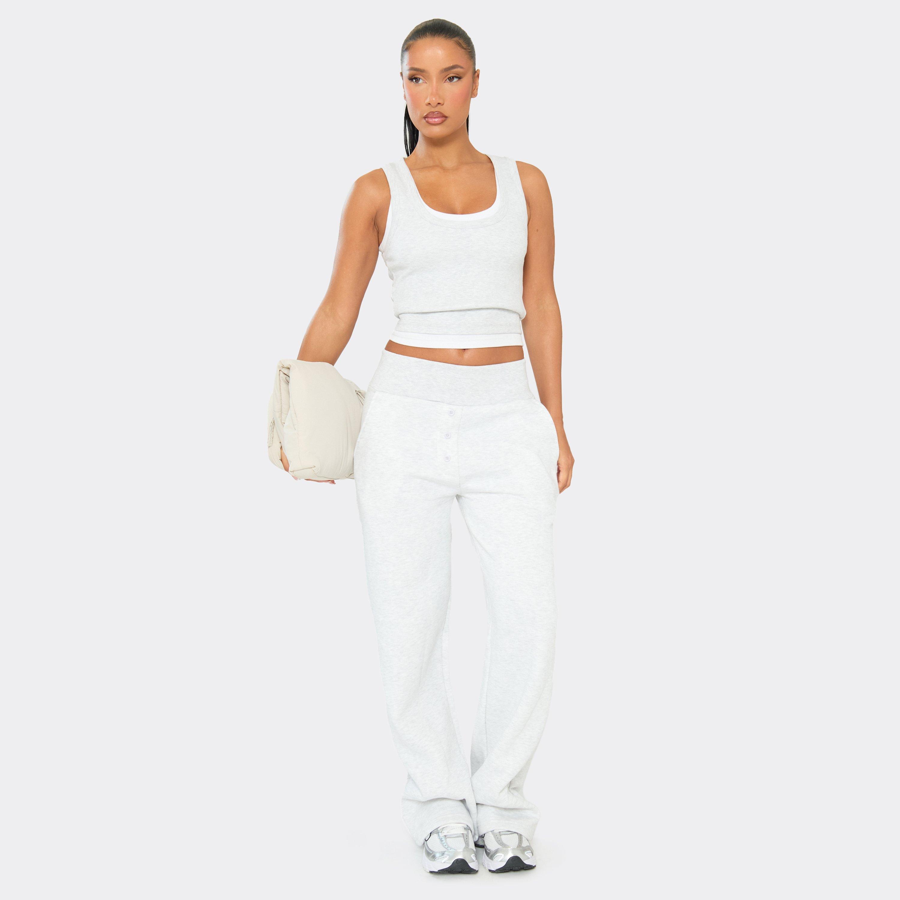 Low Rise Button Detail Straight Light Joggers In Light Grey Marl, Women's Size UK 6