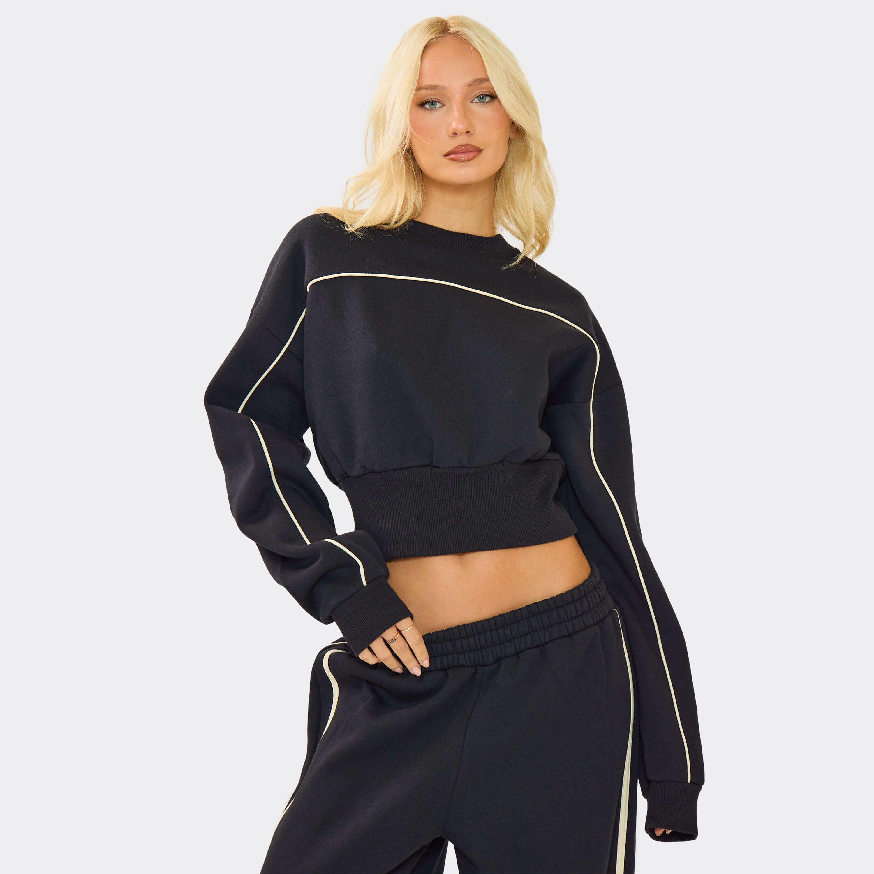 Long Sleeve Contrast Piping Detail Cropped Sweatshirt In Dark Navy Blue, Women's Size UK 14