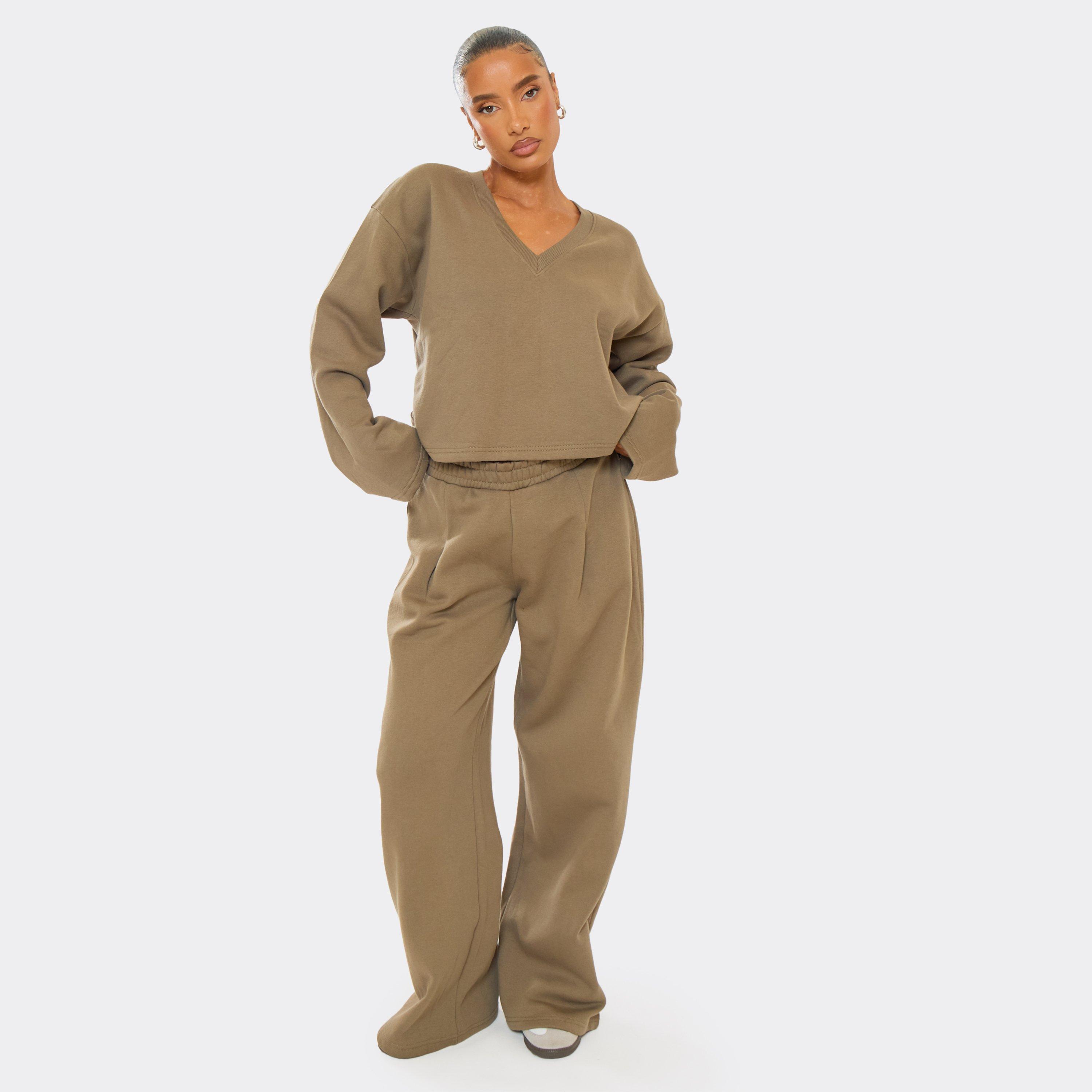 Drawstring Wide Leg Joggers In Washed Khaki, Women's Size UK 10