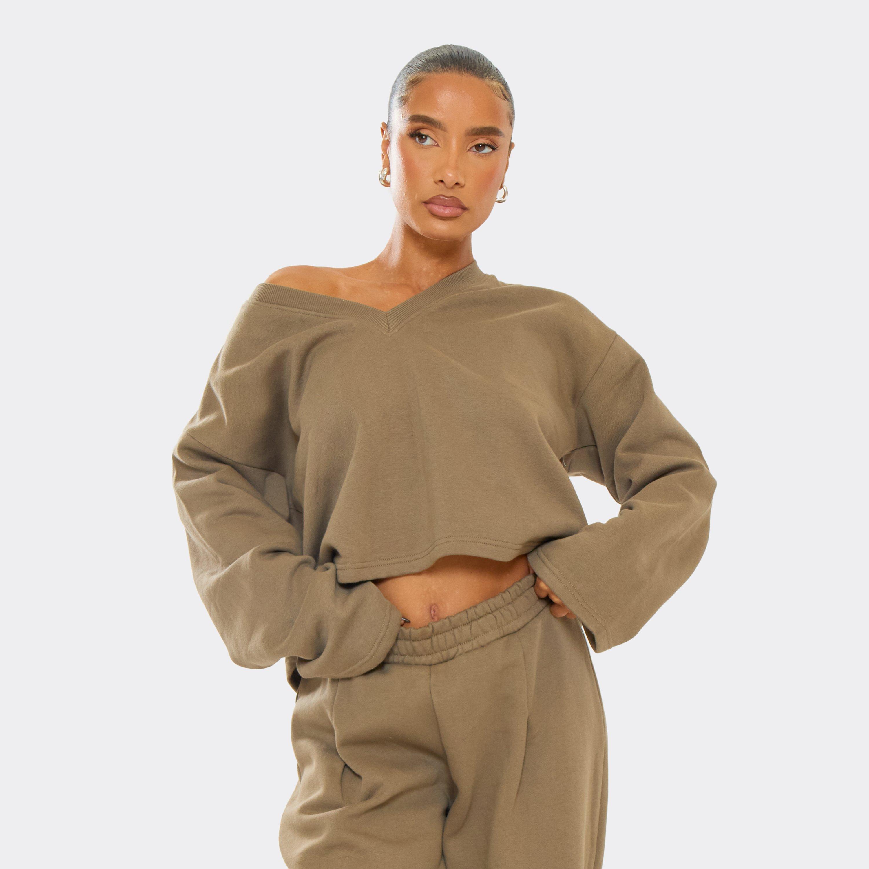 Image of V Neck Long Sleeve Sweatshirt In Washed Khaki, Women's