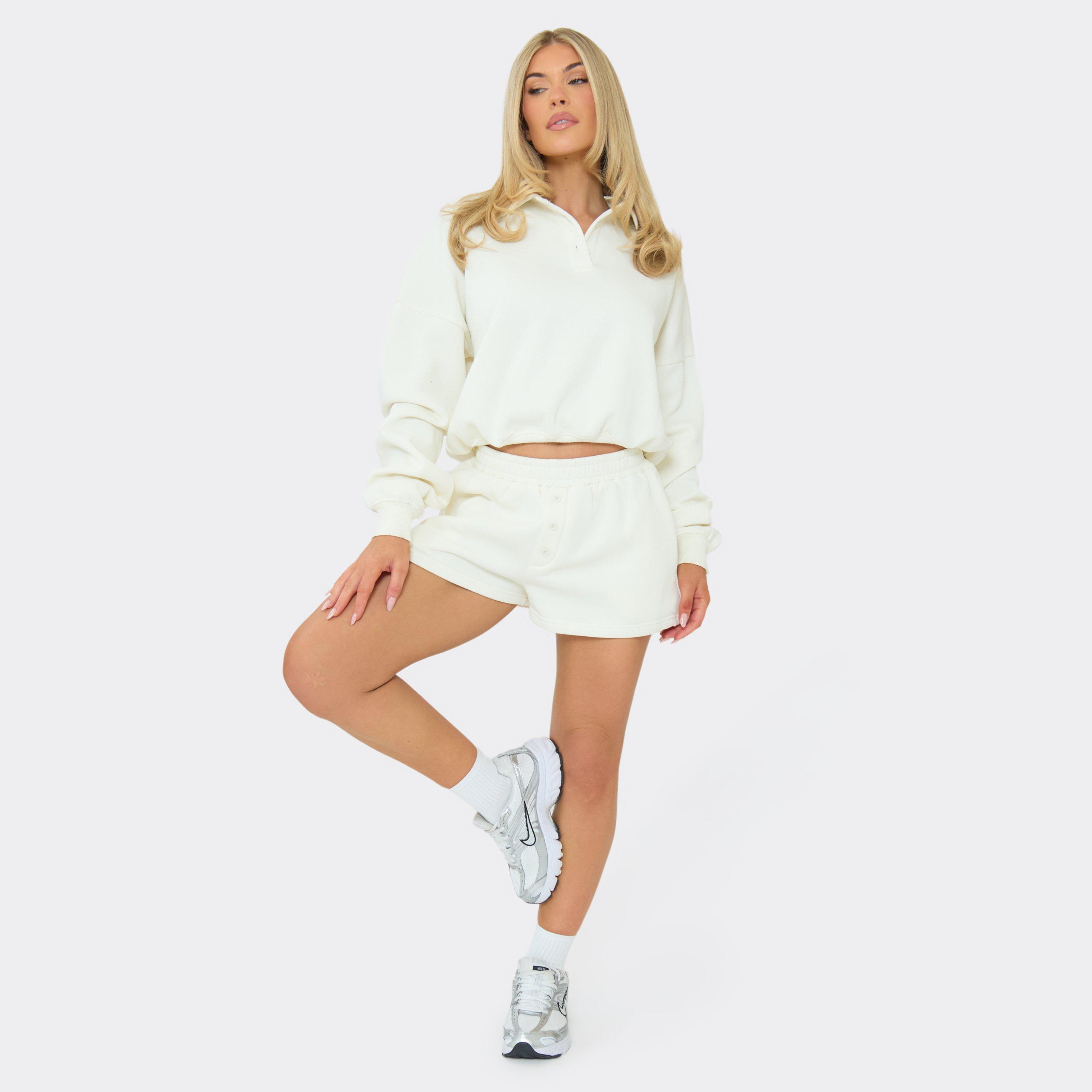 Mid Rise Button Detail Sweat Shorts In Cream, Women's Size UK 10