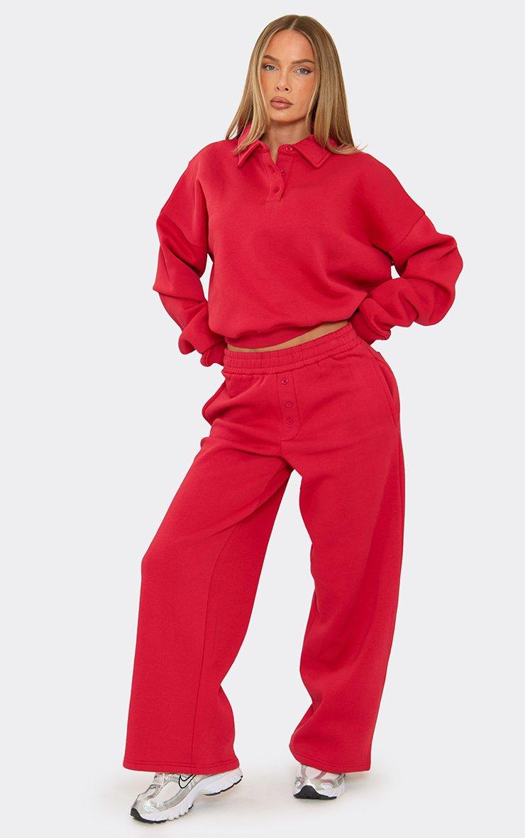 Long Sleeve Collared Polo Sweatshirt In Red