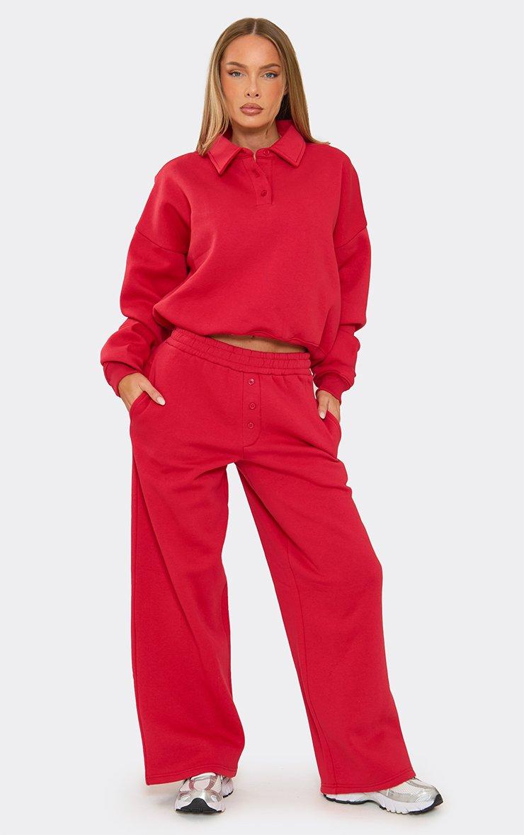 Mid Rise Pocket Detail Wide Leg Joggers In Red