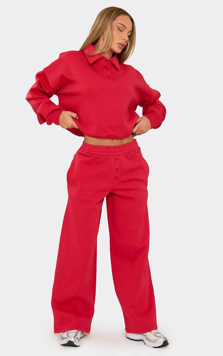 Mid Rise Pocket Detail Wide Leg Joggers In Red