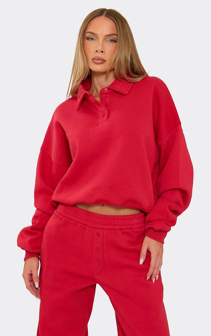 Long Sleeve Collared Polo Sweatshirt In Red