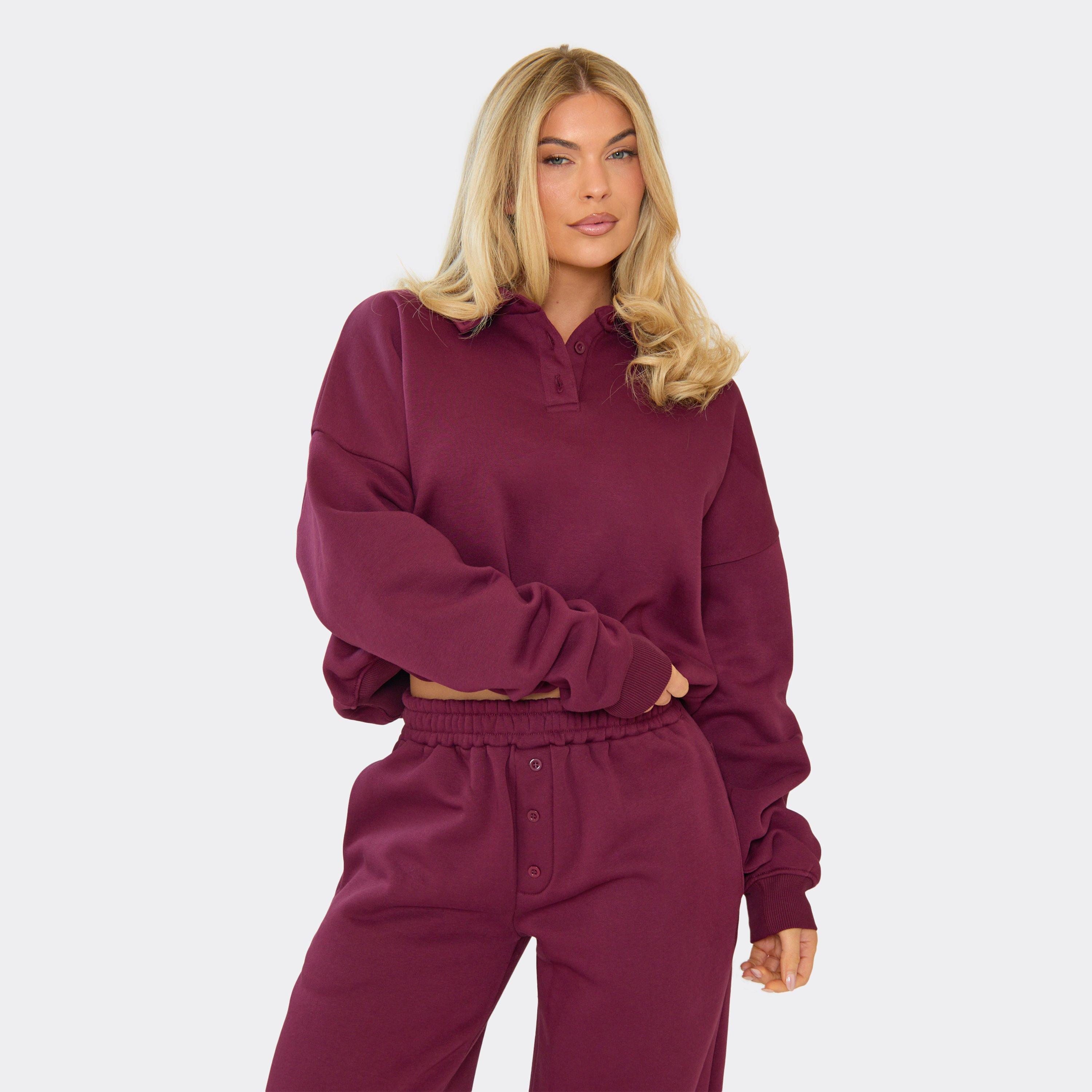 Image of Long Sleeve Collared Polo Sweatshirt In Plum, Women's