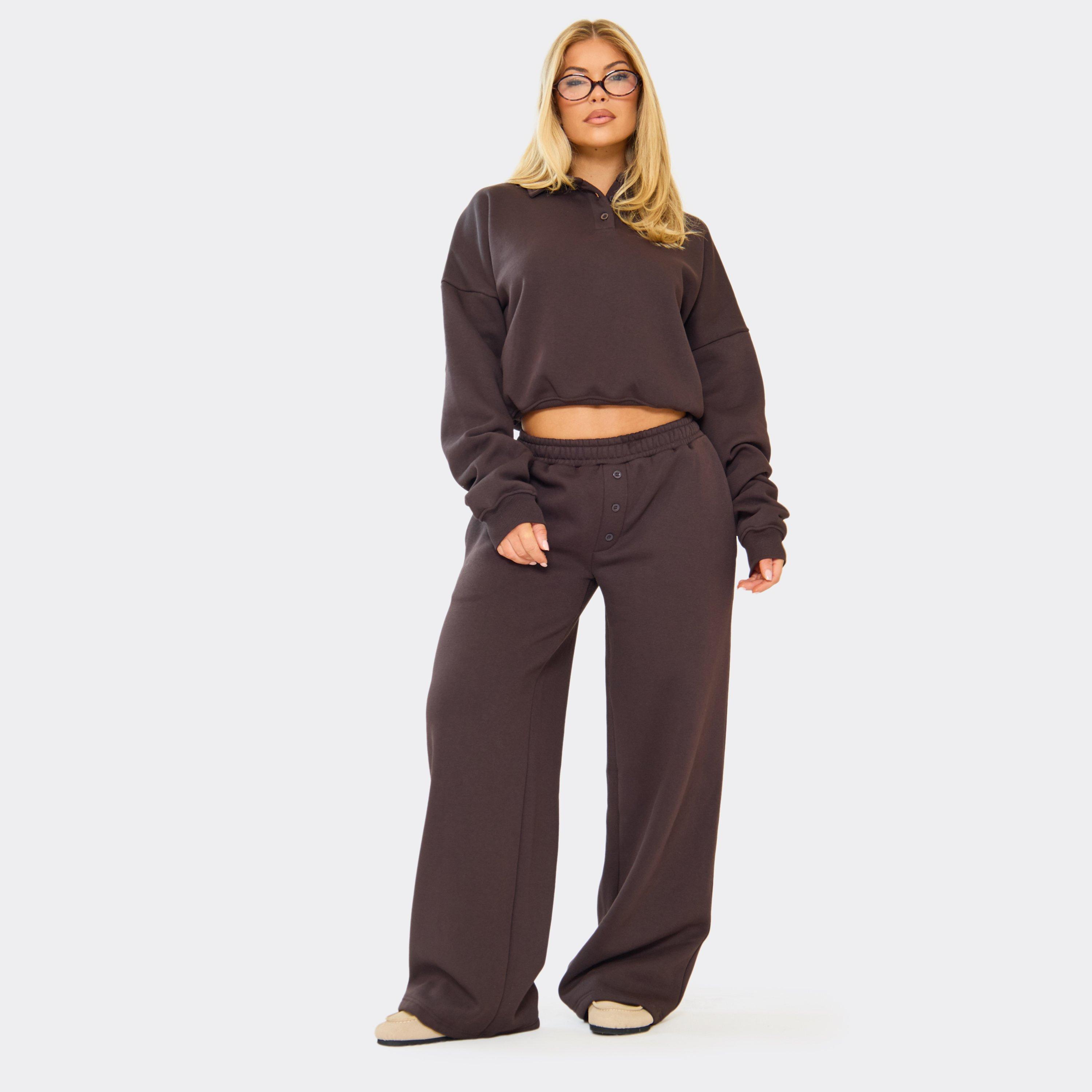 Mid Rise Button Front Wide Leg Joggers In Chocolate Brown, Women’s
