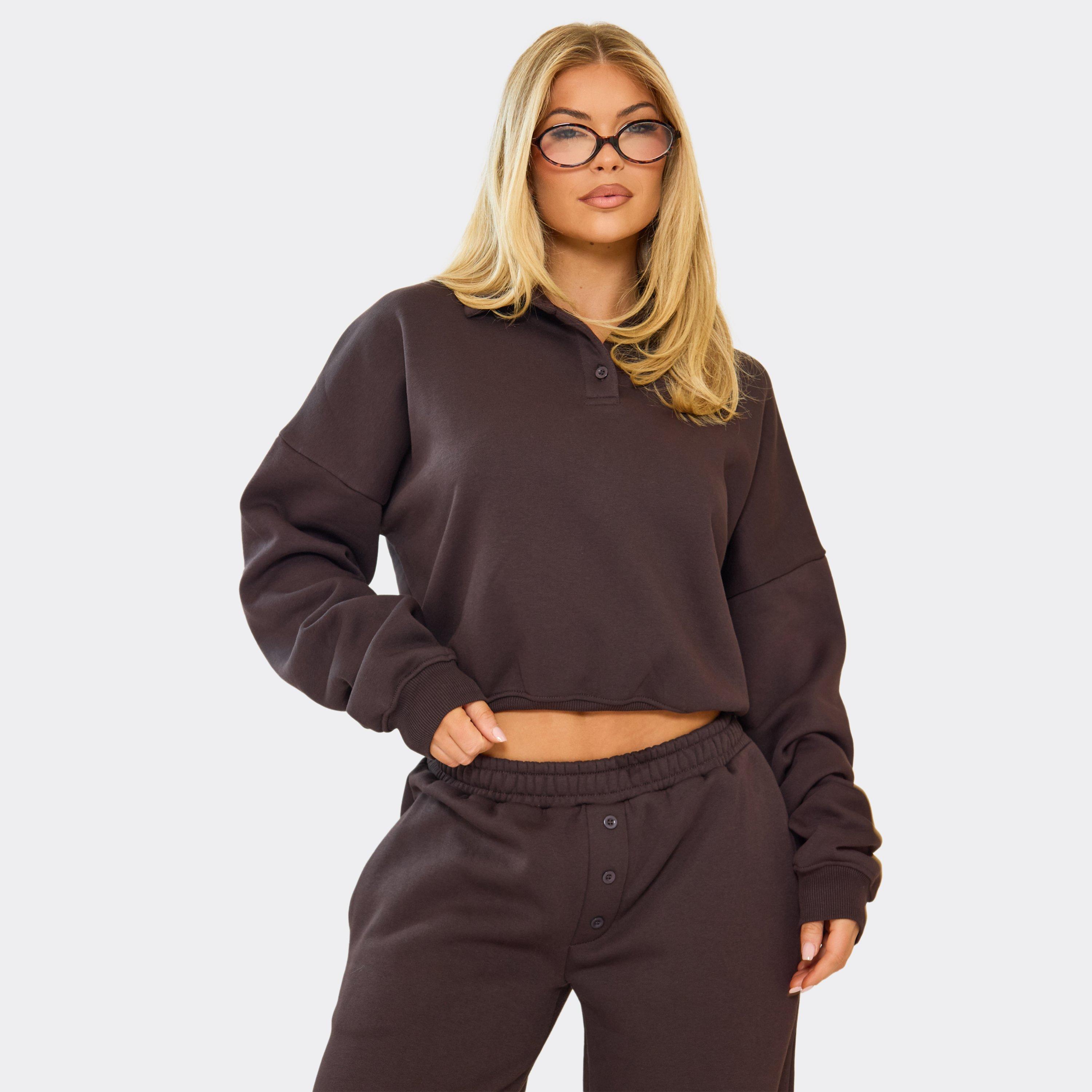 Image of Long Sleeve Collared Polo Sweatshirt In Chocolate Brown, Women's