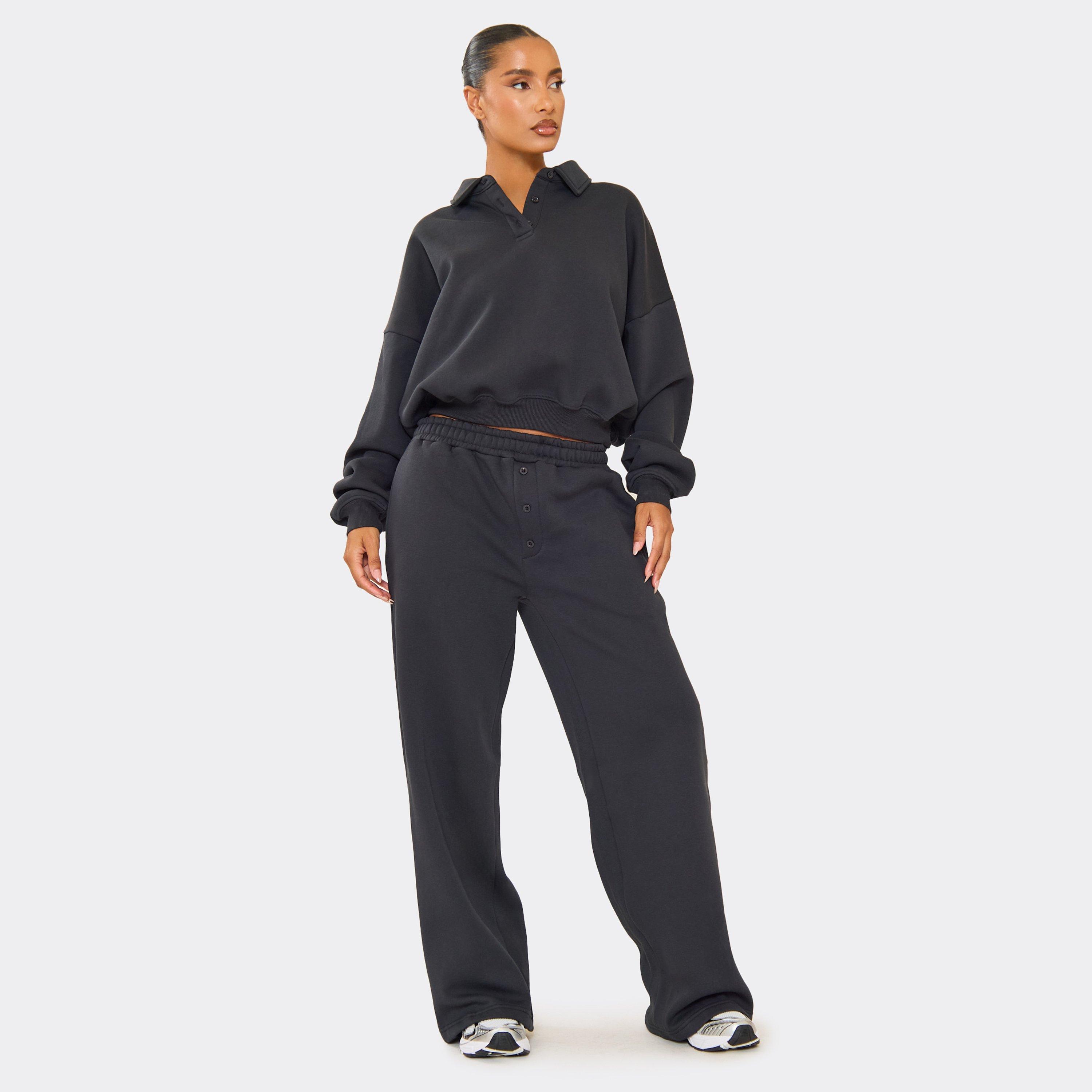 Mid Rise Button Front Wide Leg Joggers In Dark Navy, Women’s