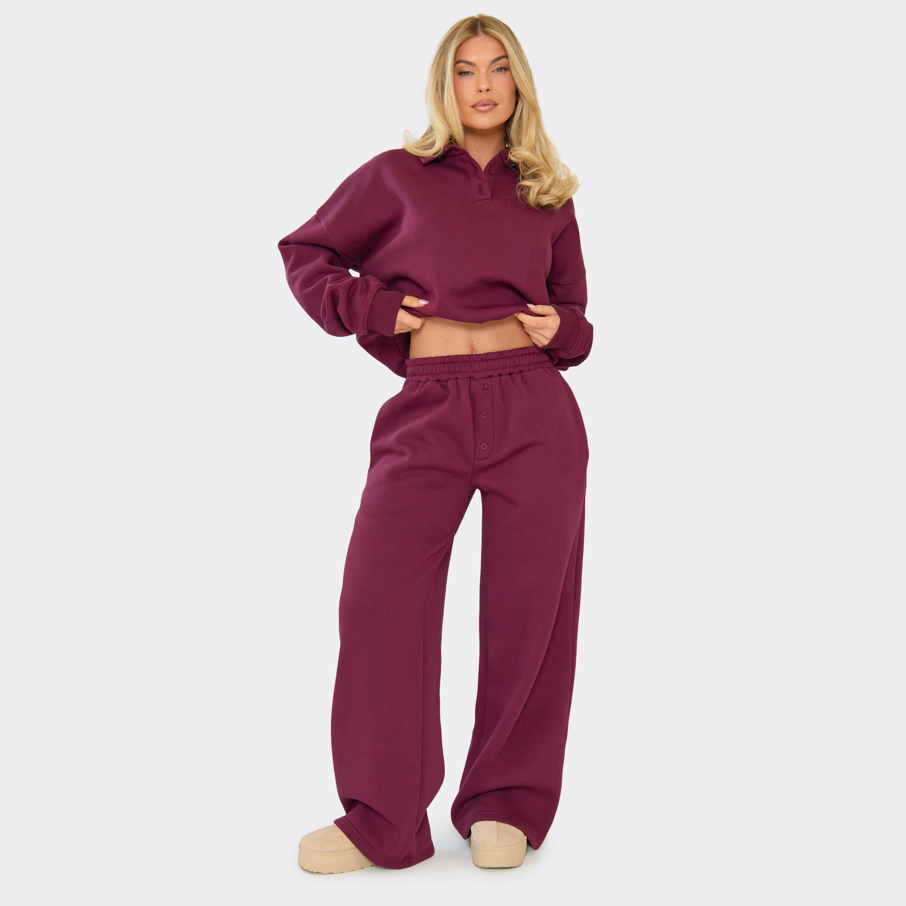 Mid Rise Pocket Detail Wide Leg Joggers In Plum, Women’s