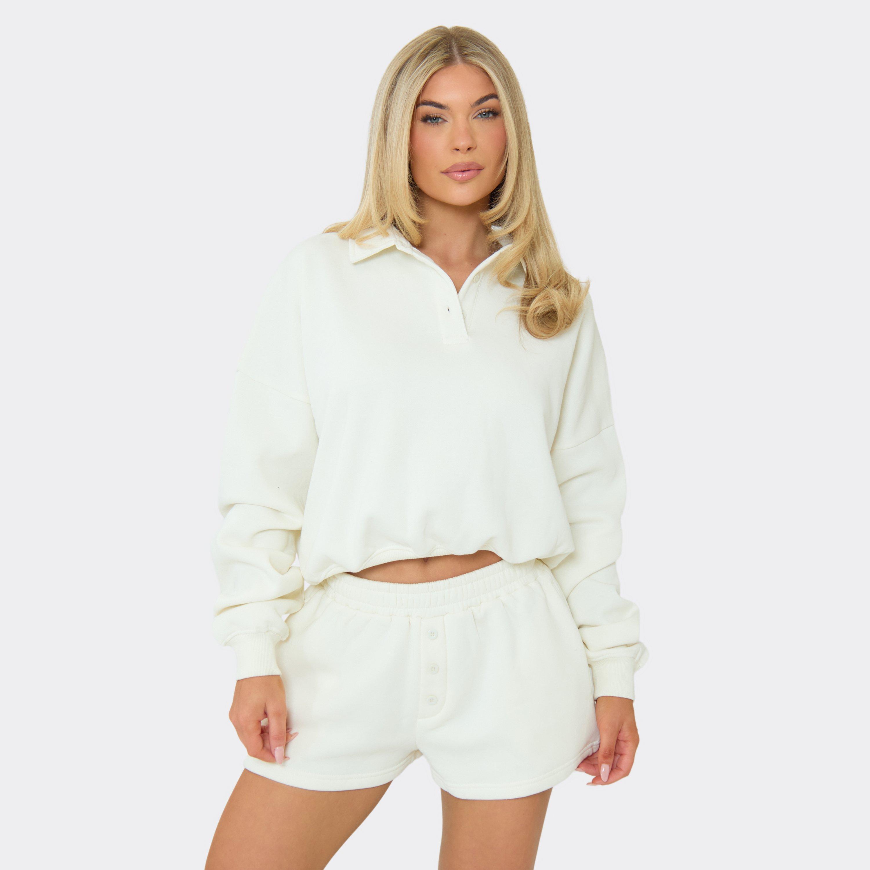 Long Sleeve Collared Polo Sweatshirt In Cream, Women's Size UK 12