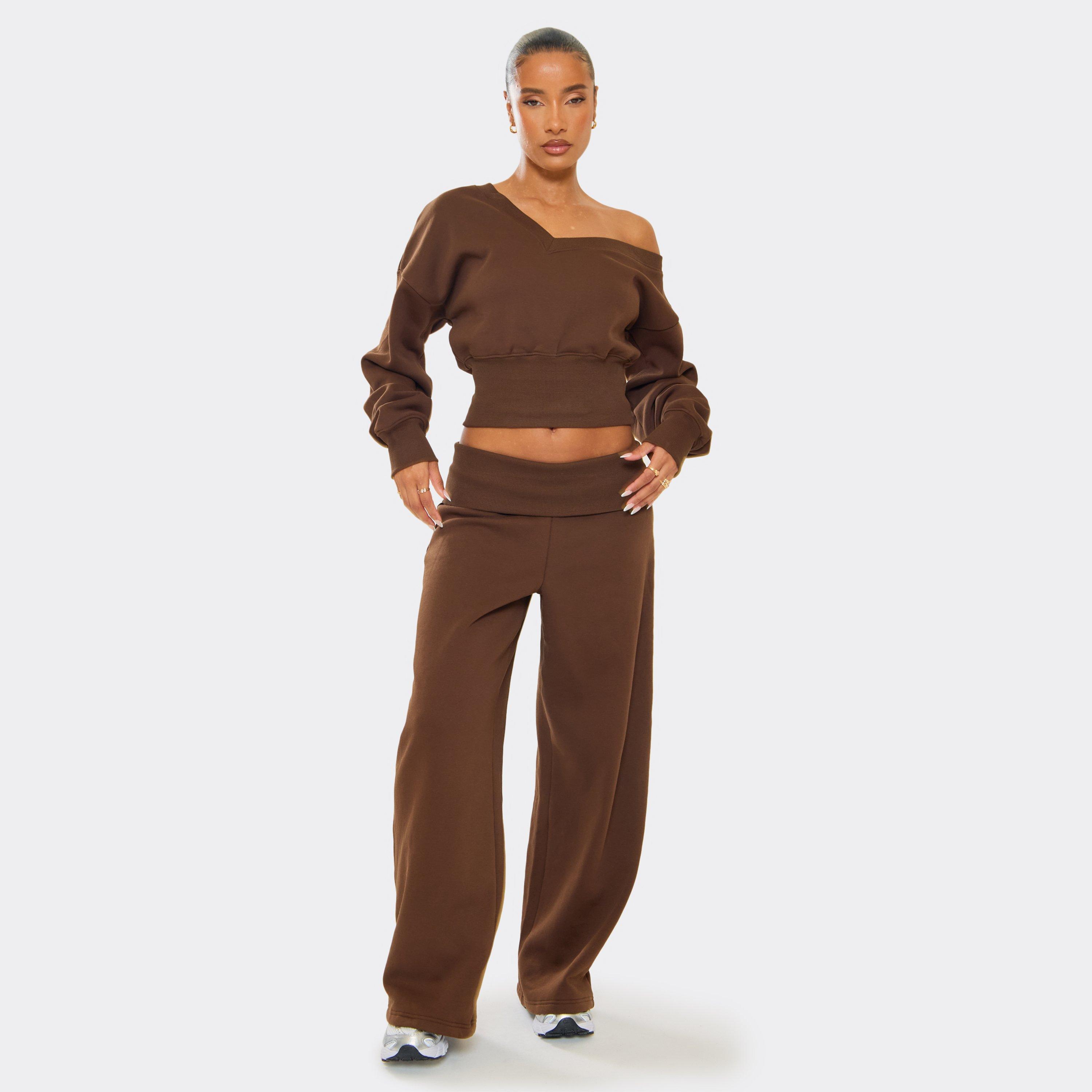 Fold Over Waist Wide Leg Joggers In Chocolate, Women’s