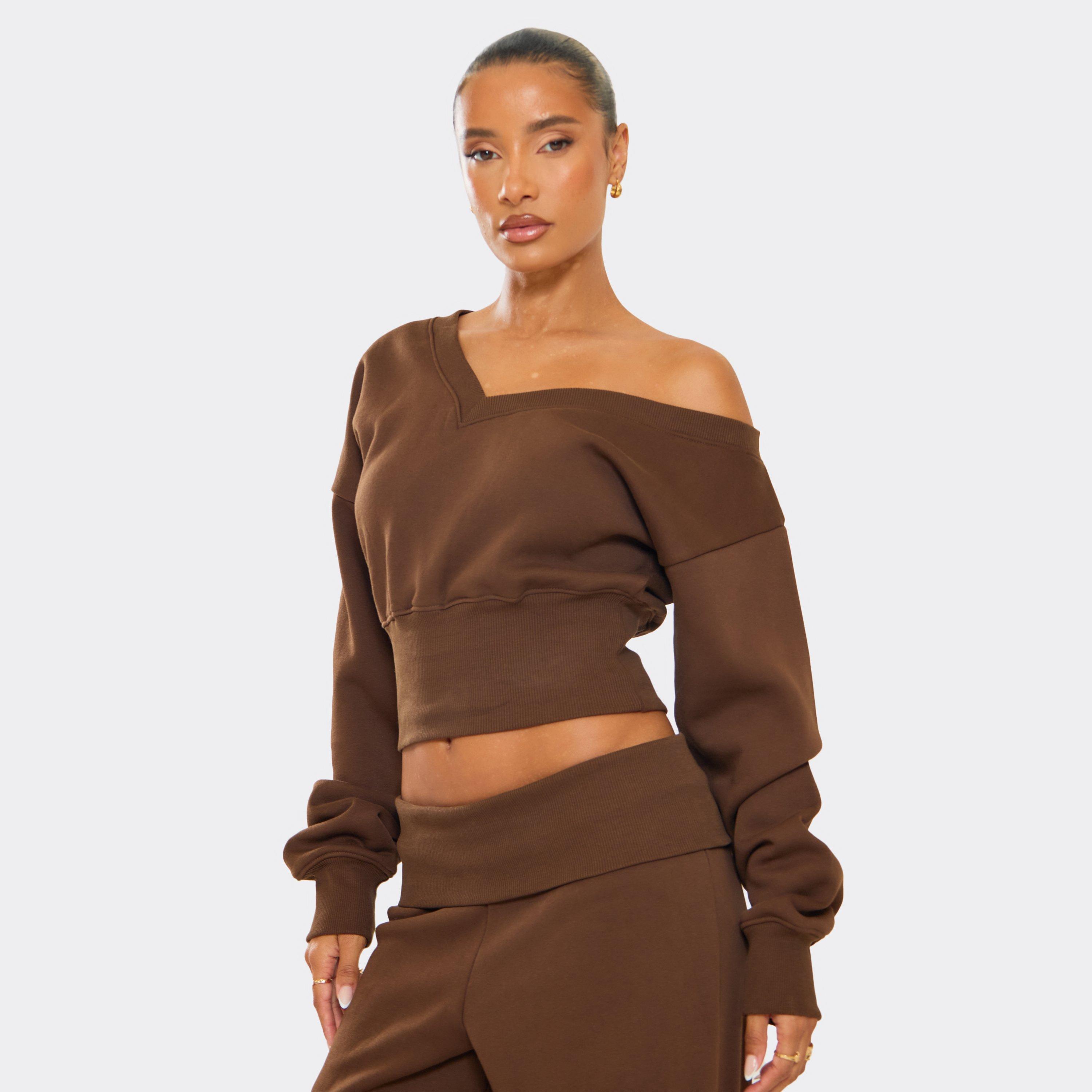 Image of Long Sleeve V Neck Off The Shoulder Cinched Waist Sweatshirt In Chocolate, Women's