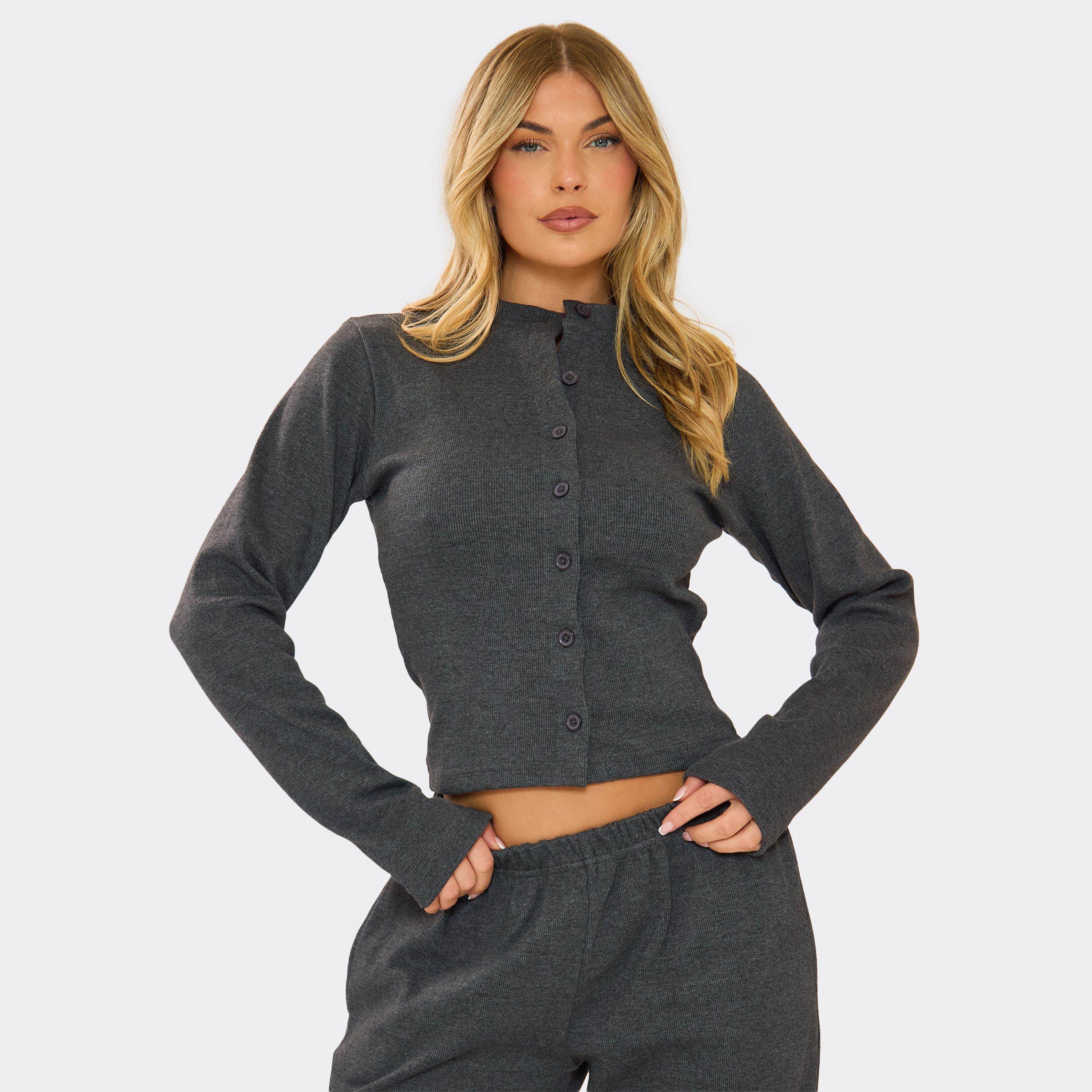 Image of Long Sleeve Button Front Fitted Top In Charcoal Grey Ribbed, Women's
