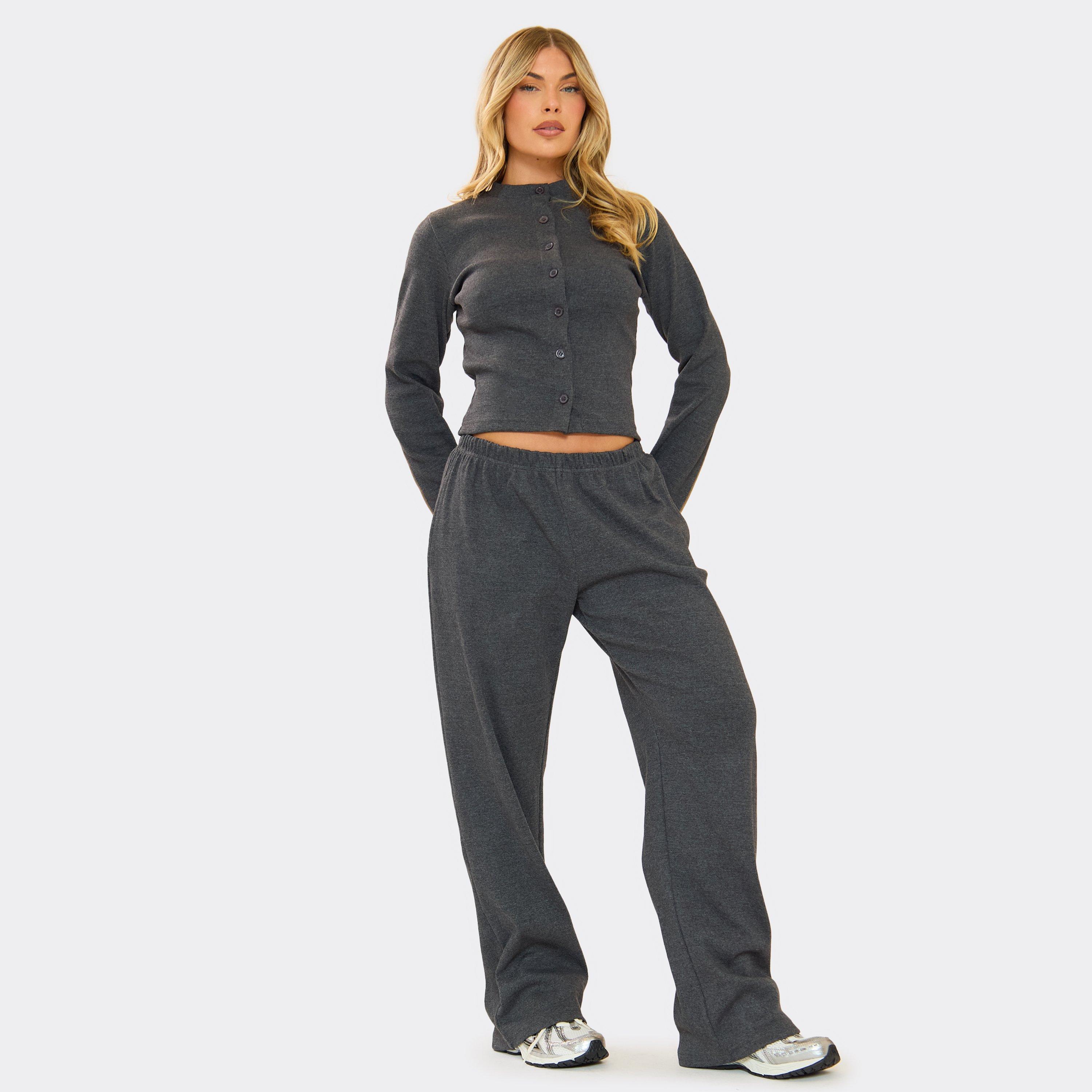 Mid Rise Wide Leg Trousers In Charcoal Grey Ribbed, Women's Size UK 6