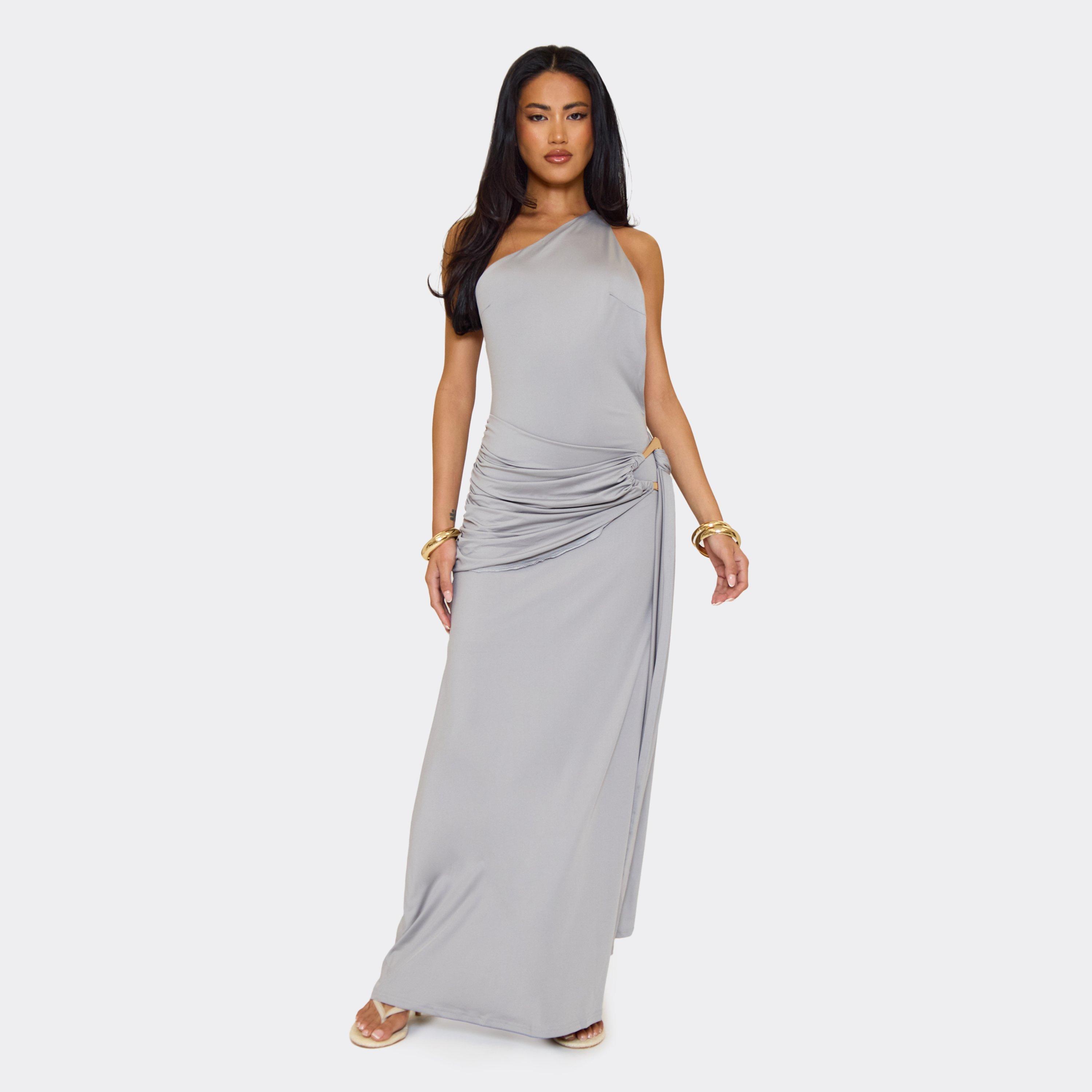One Shoulder Open Back Trim Detail Maxi Dress In Grey, Women's Size UK M