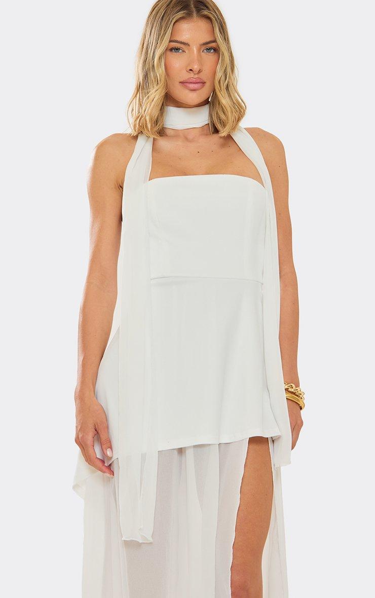 asymmetric scarf detail maxi dress Strapless Asymmetric Chiffon-Draped Gown with Scarf Detail