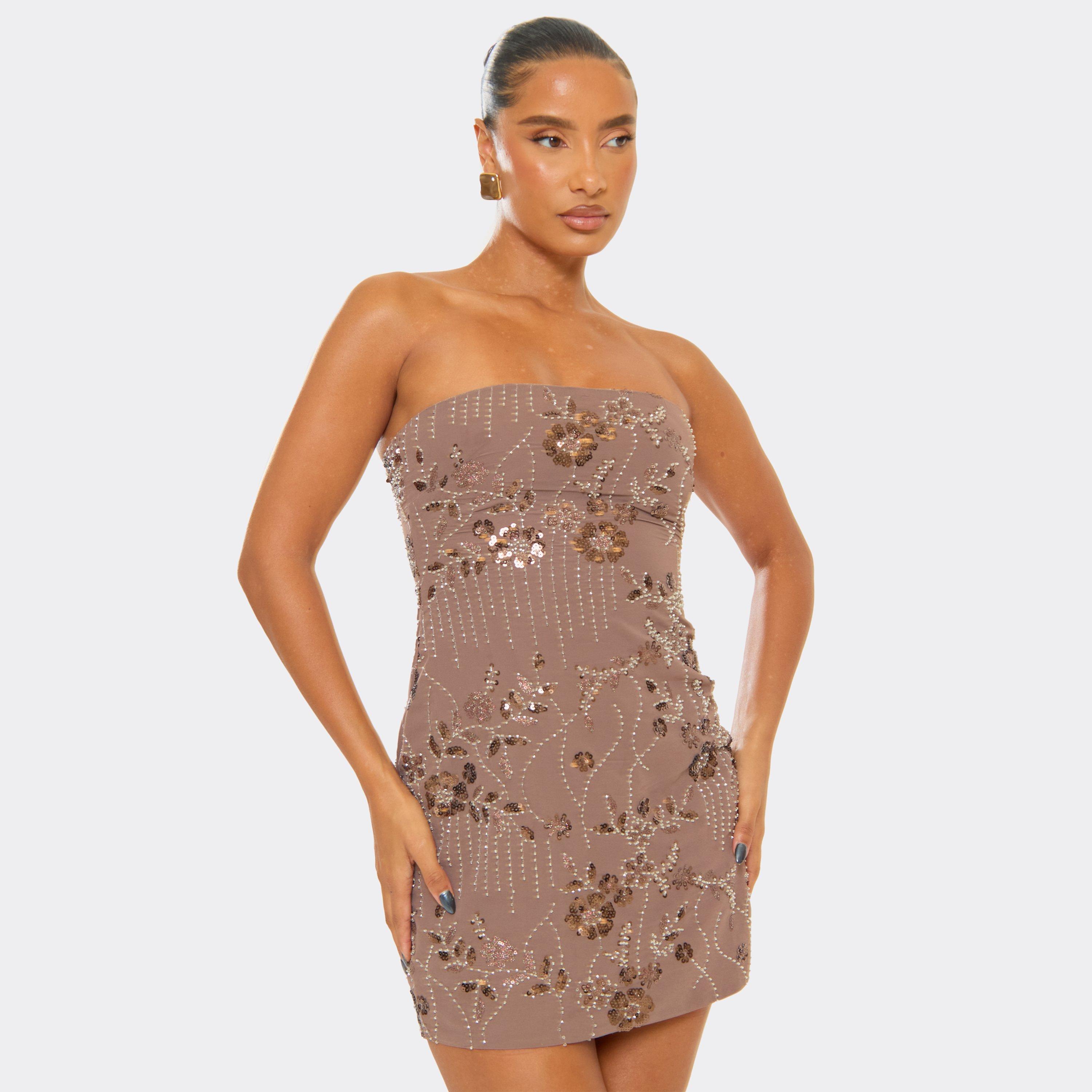 Bandeau Embellished Sequin Floral Mini Dress In Brown, Women’s