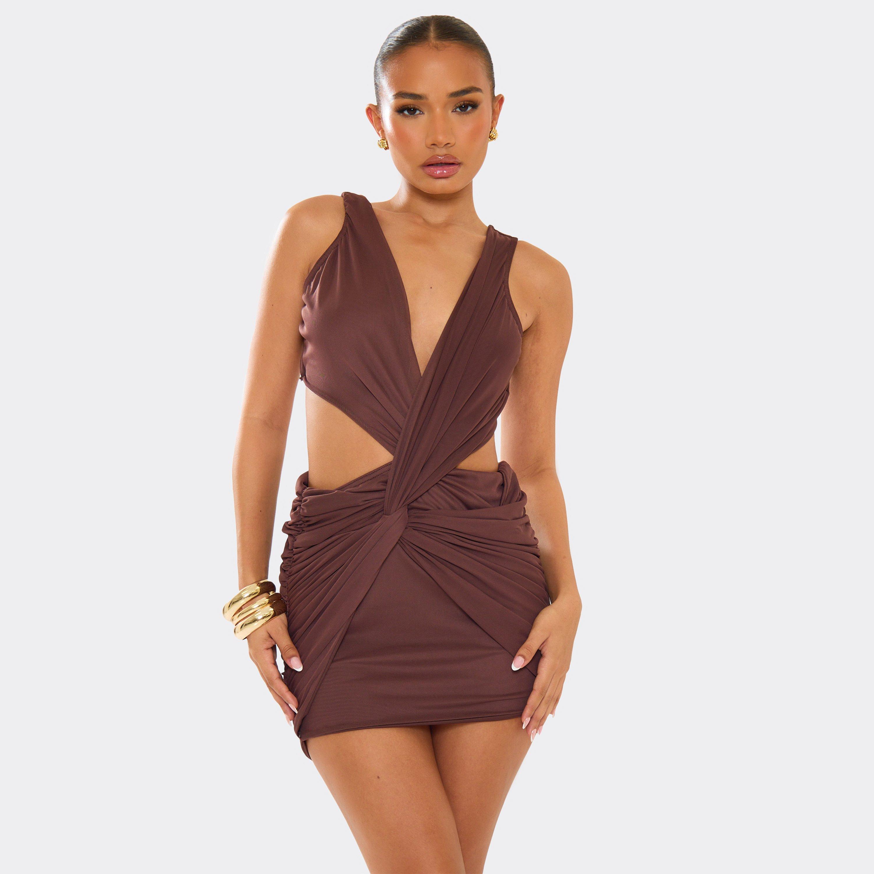 Cross Over Cut Out Knot Detail Mini Dress In Brown, Women's Size UK 6