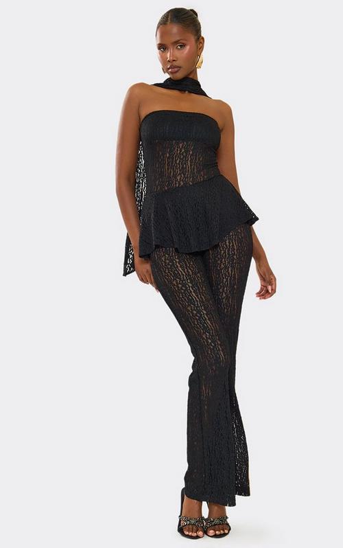 ゆむくろ　【nit alcove】ドット柄 レースフリル パンツ Plunge Neck Lace Up Corset Detail Flared Leg Jumpsuit In Black